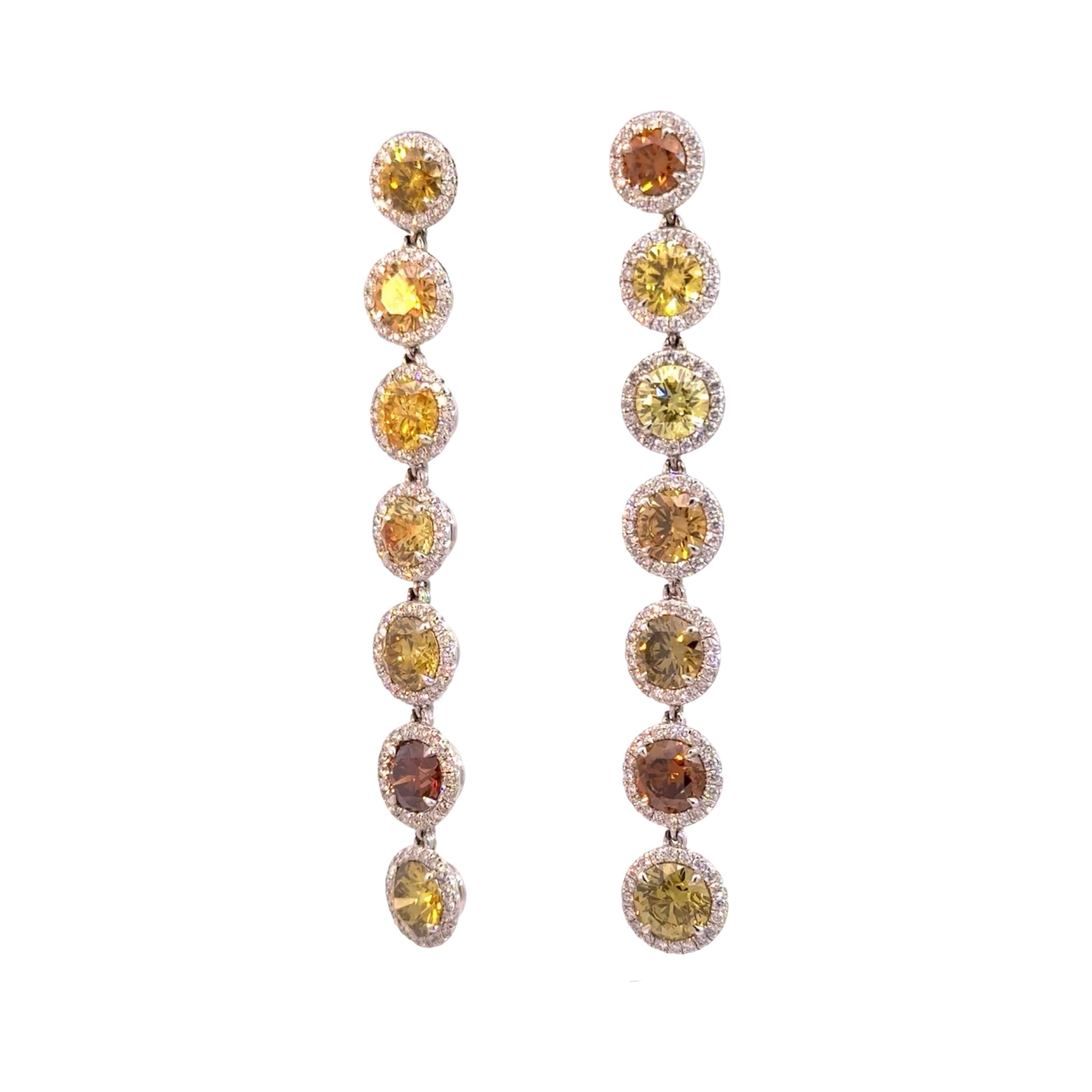 Women's Natural Fancy Color Round Brown and Yellow Diamond Hanging Halo Earrings For Sale
