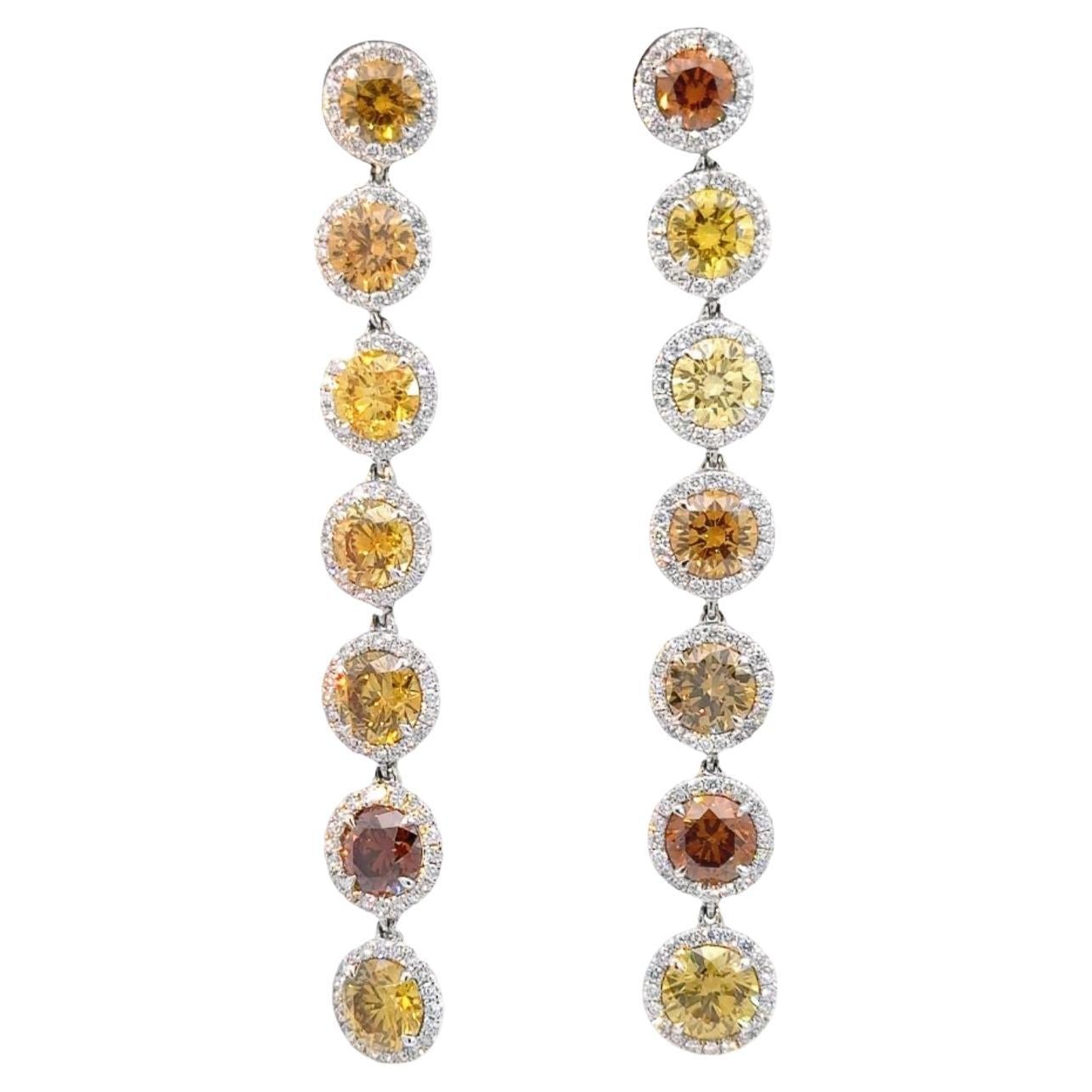 Natural Fancy Color Round Brown and Yellow Diamond Hanging Halo Earrings For Sale