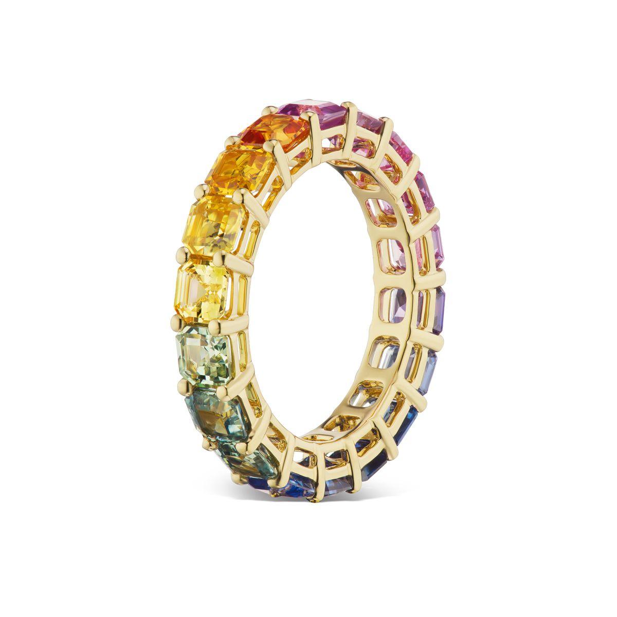 18k Yellow Gold 5.54ct Natural Color Sapphire Eternity Band

Gorgeous Multi-Colored Fancy Sapphire Eternity Band. A funky ring for
women. ( Ring Size 6.5 )
Item: # 03791
Metal: 18k Y
Color Weight: 5.54 ct