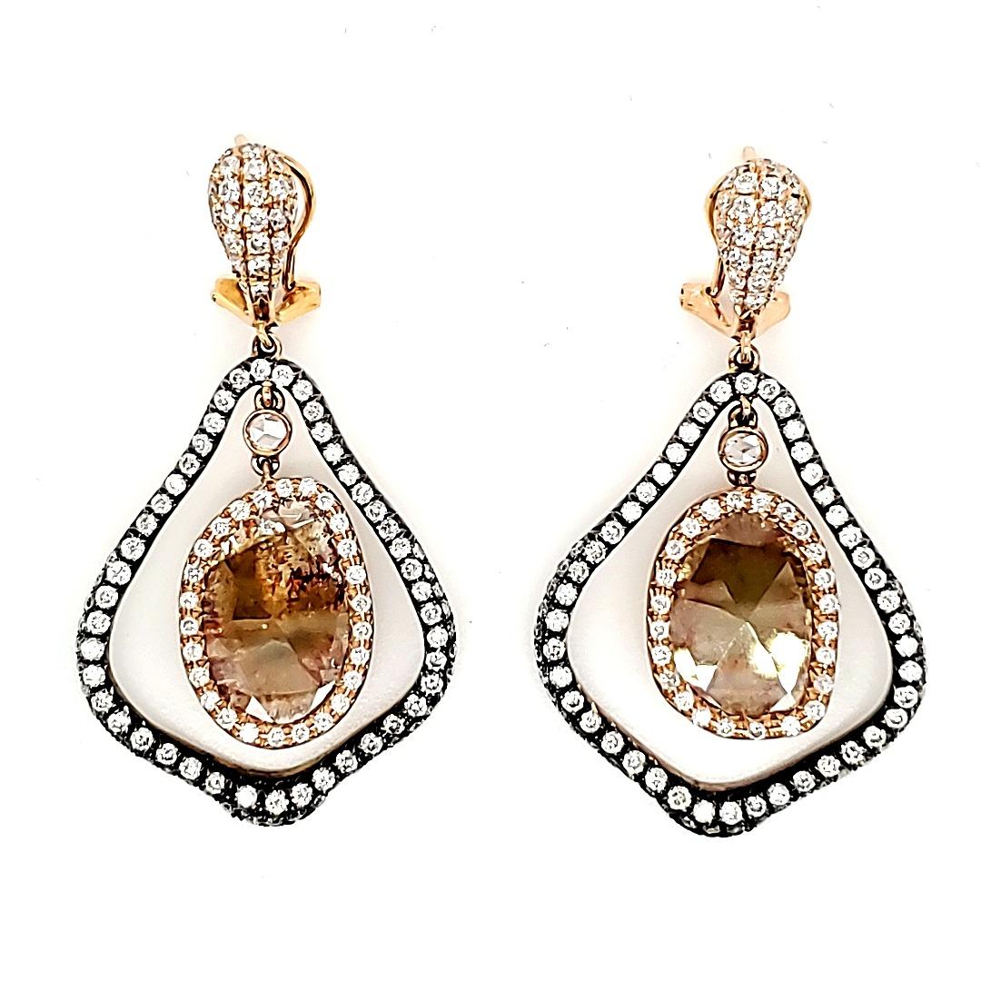 Natural Fancy Colored Diamond and White Diamond Yellow Gold Earrings For Sale 3