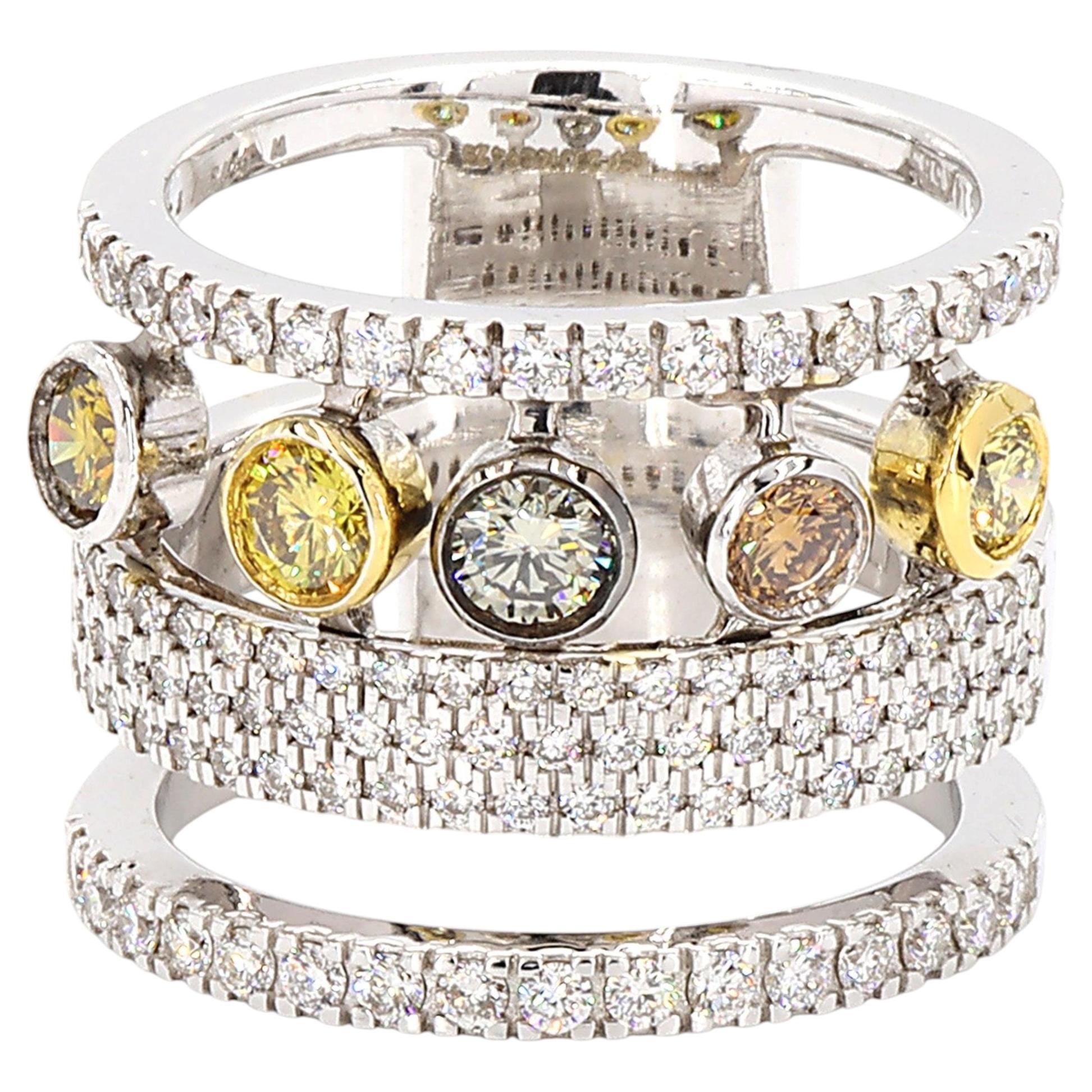 Natural Fancy Colored Diamond Wide Multi Band Ring in 14K Solid Gold (Certified)