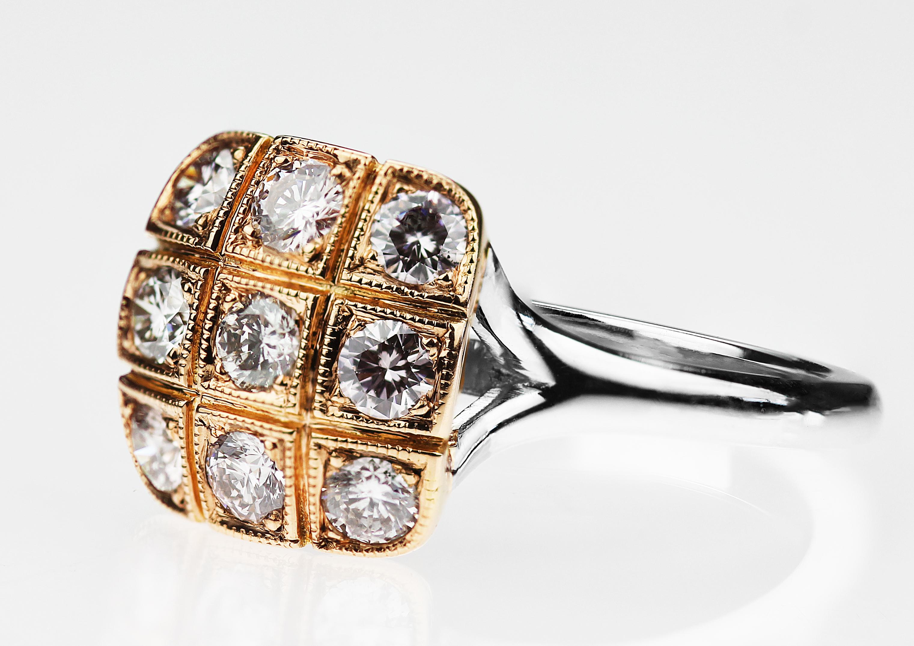 Taglio rotondo Anello con cluster di diamanti quadrati naturali Fancy Color Pink Diamond in oro bianco e rosa 18 carati in vendita