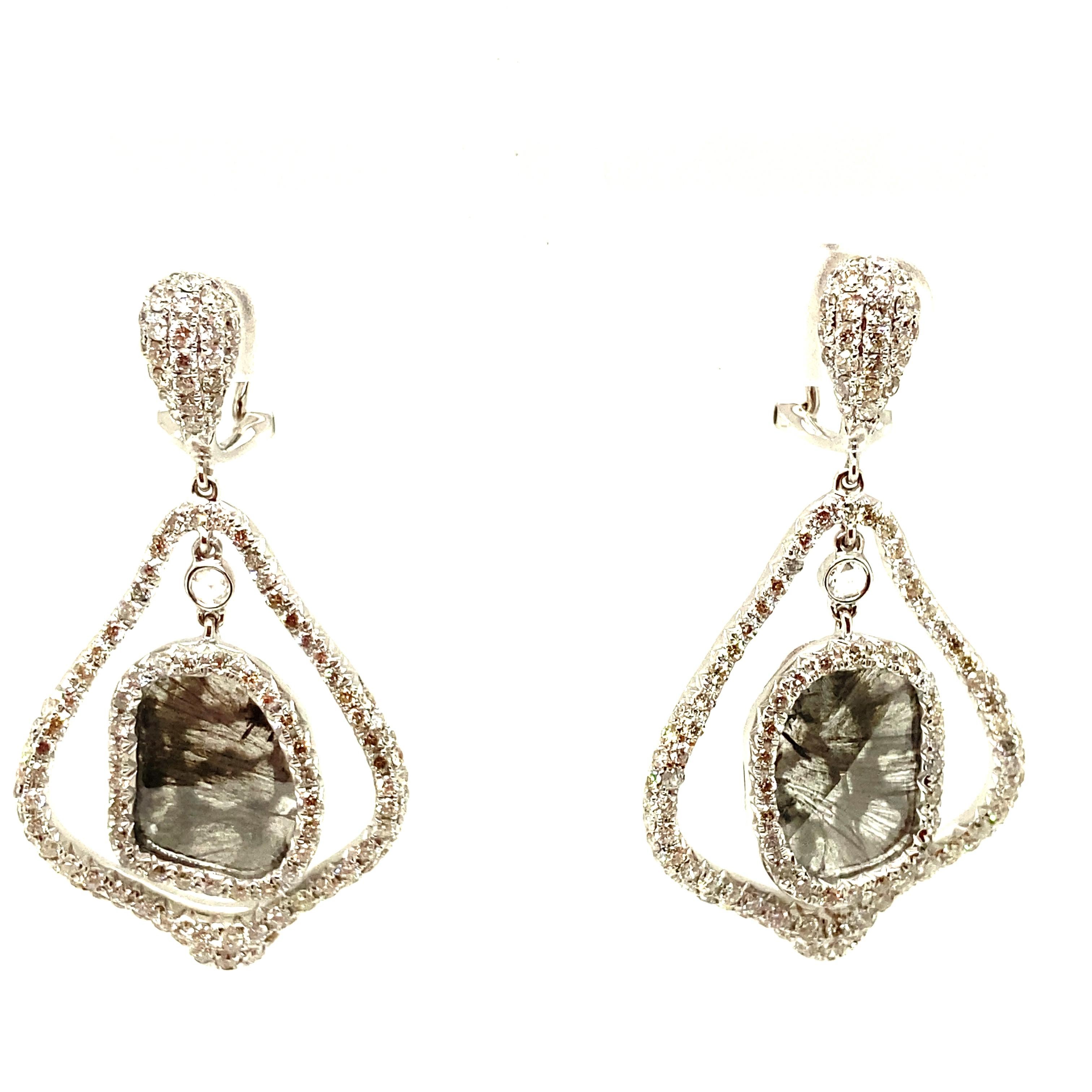 Contemporary Natural Coloured Diamond and Diamond White Gold Earrings For Sale