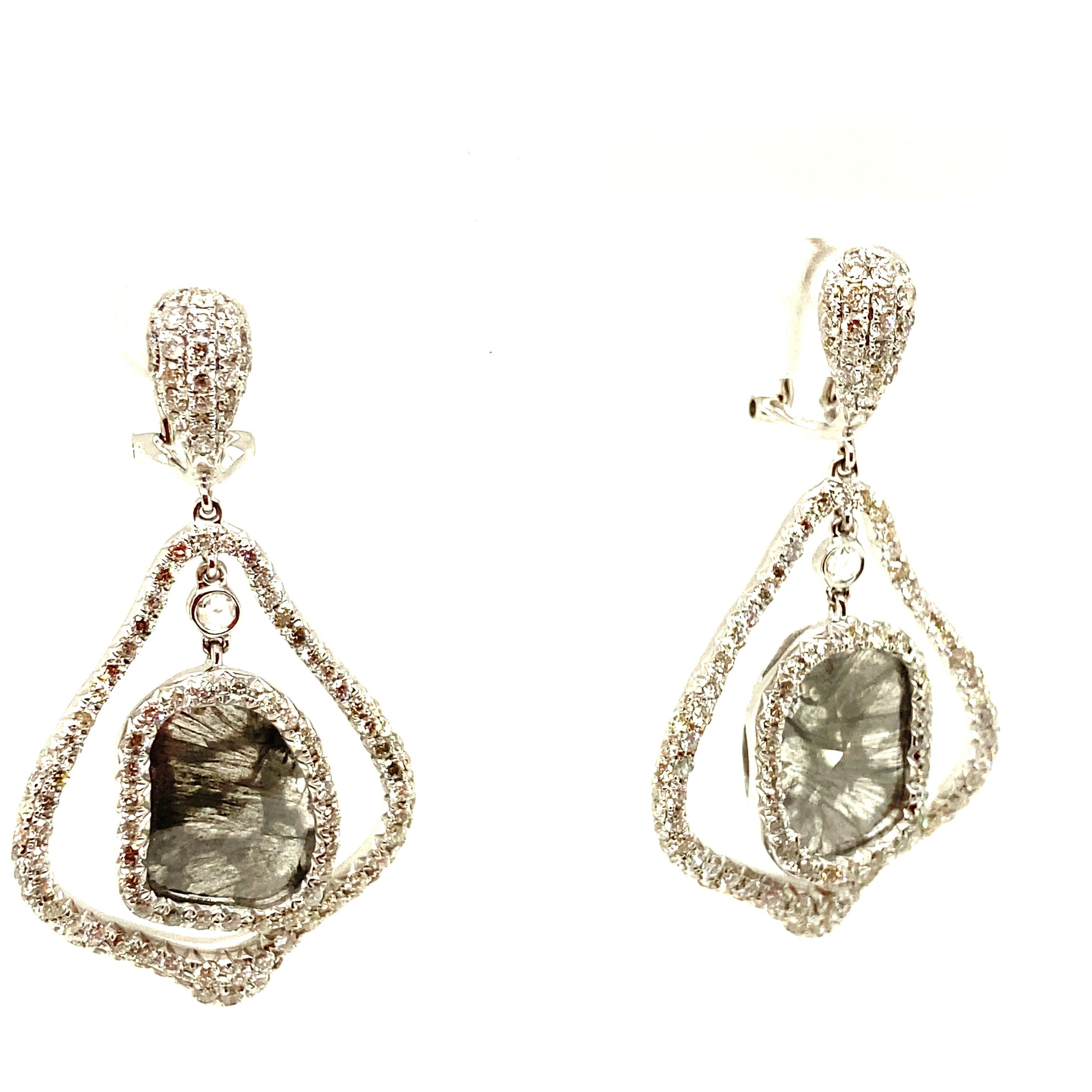 Women's or Men's Natural Coloured Diamond and Diamond White Gold Earrings For Sale