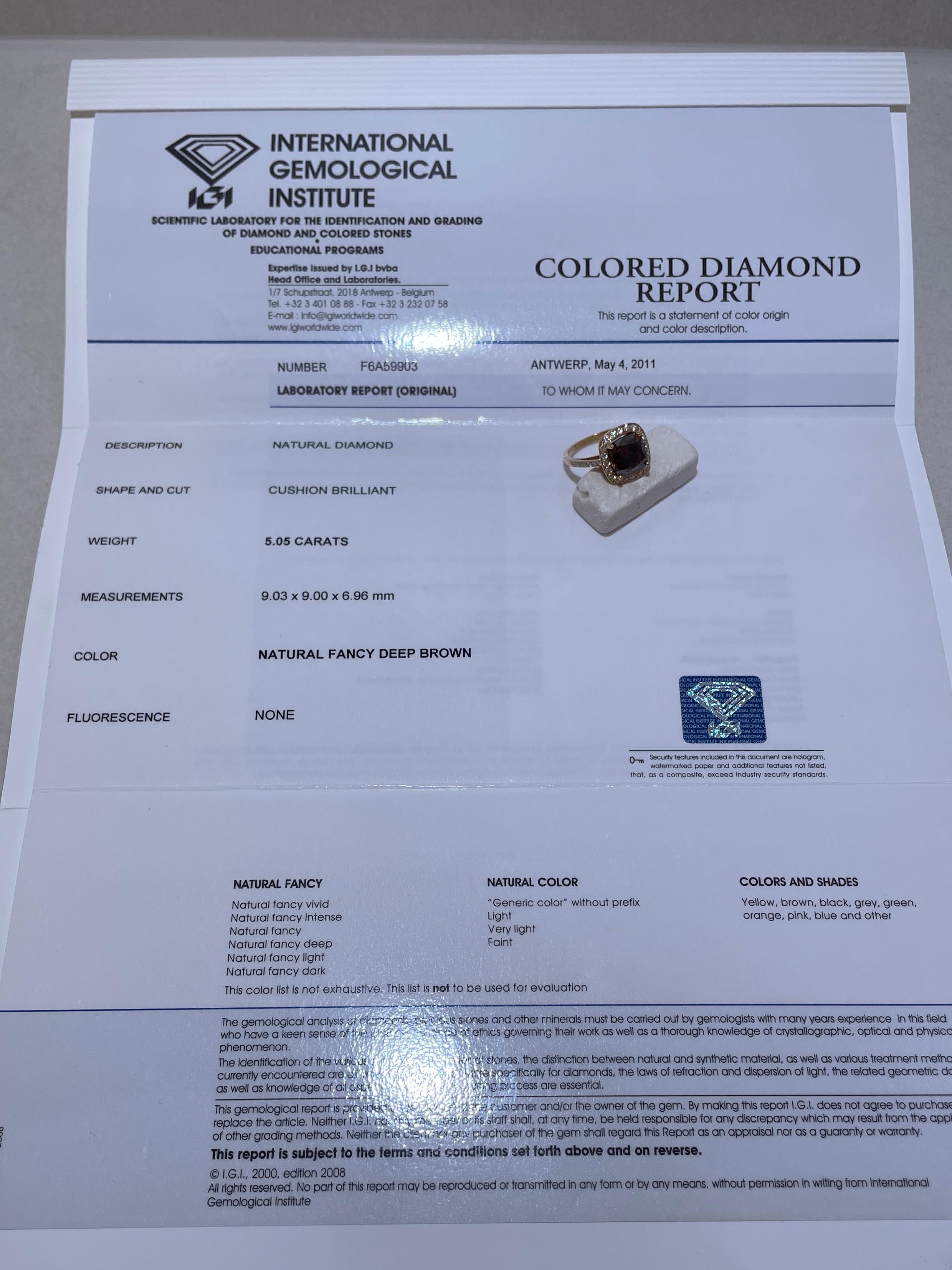 Bague en diamant Nature Fancy Deep Brown 5.05 Carats 18kt Gelbgold IGI Zertifikat  en vente 4