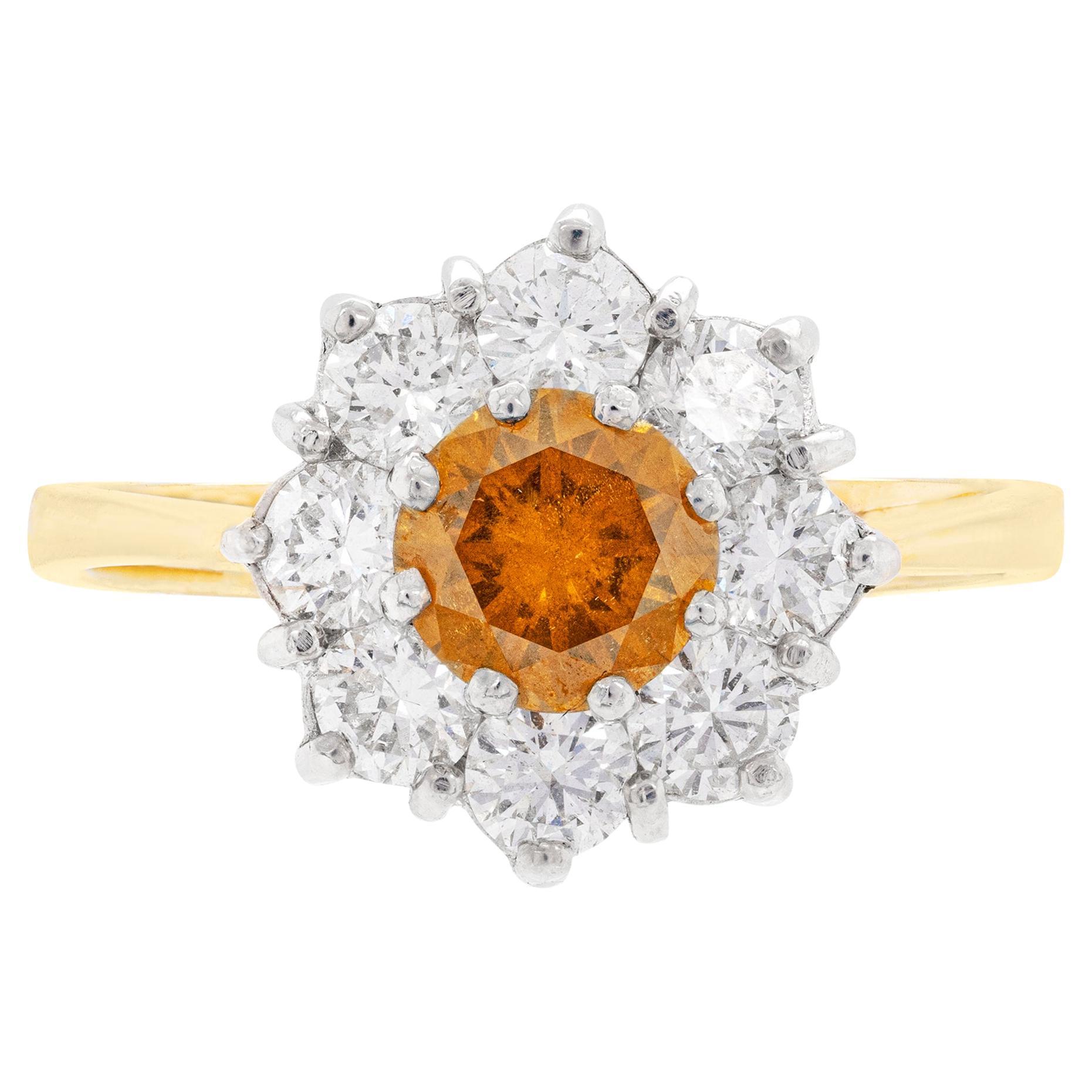 Natural Fancy Deep Orange-Yellow Diamond 18 Carat Gold Cluster Engagement Ring For Sale