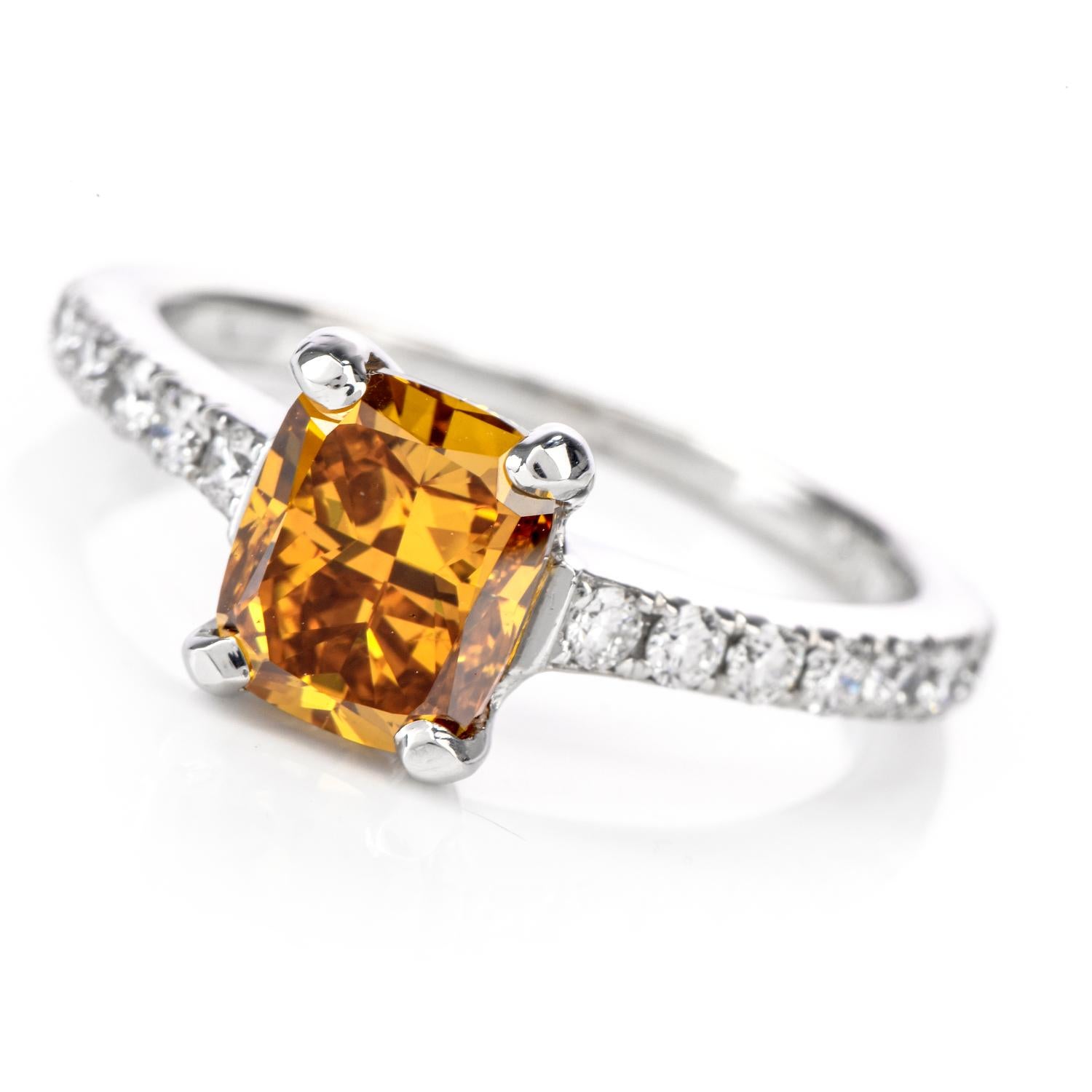 Art Deco Natural Fancy Deep Orange-Yellow GIA Diamond 18 Karat Engagement Ring