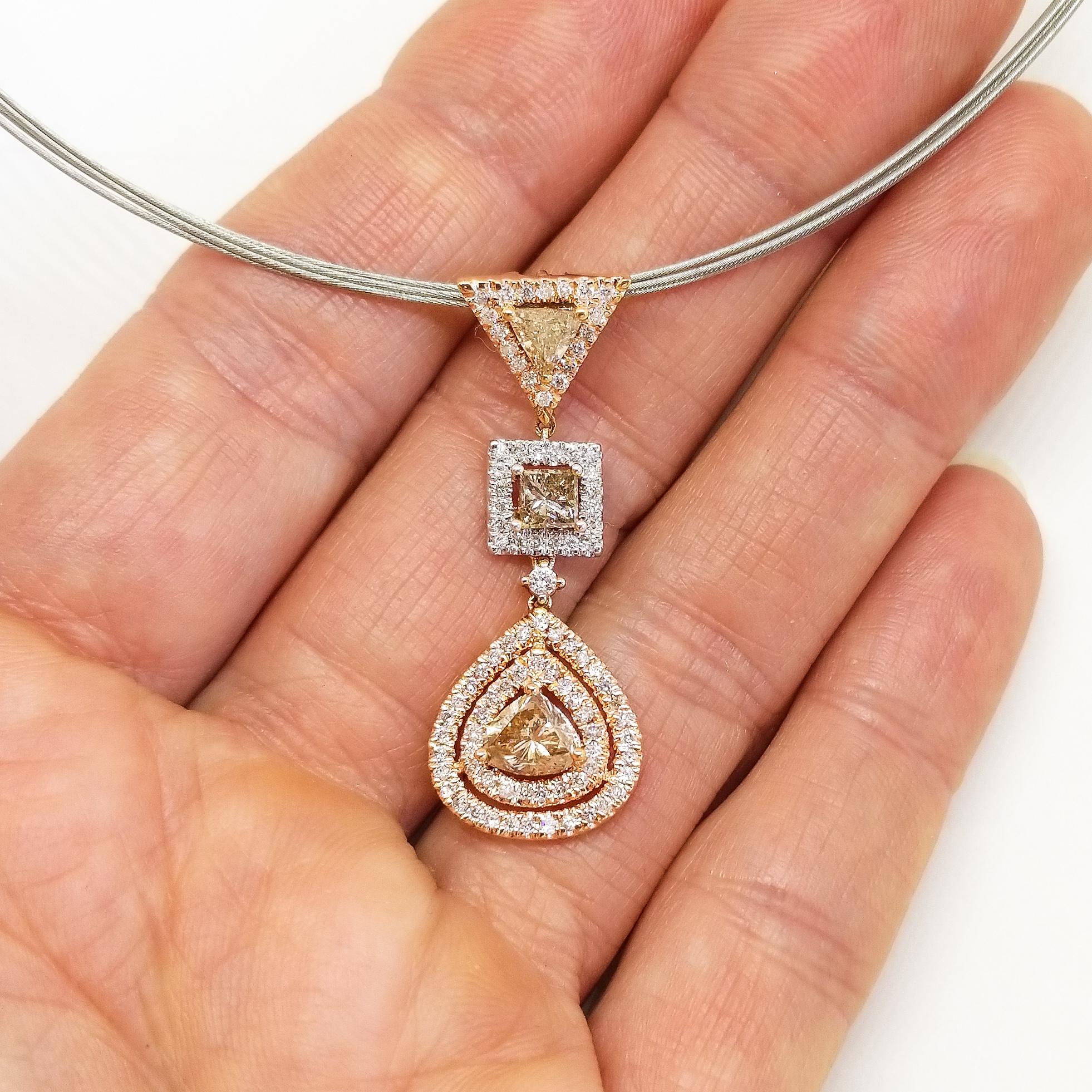 Natural Fancy Diamond 2.10 Carat Contemporary Drop Pendant Necklace 18K Rose For Sale 6
