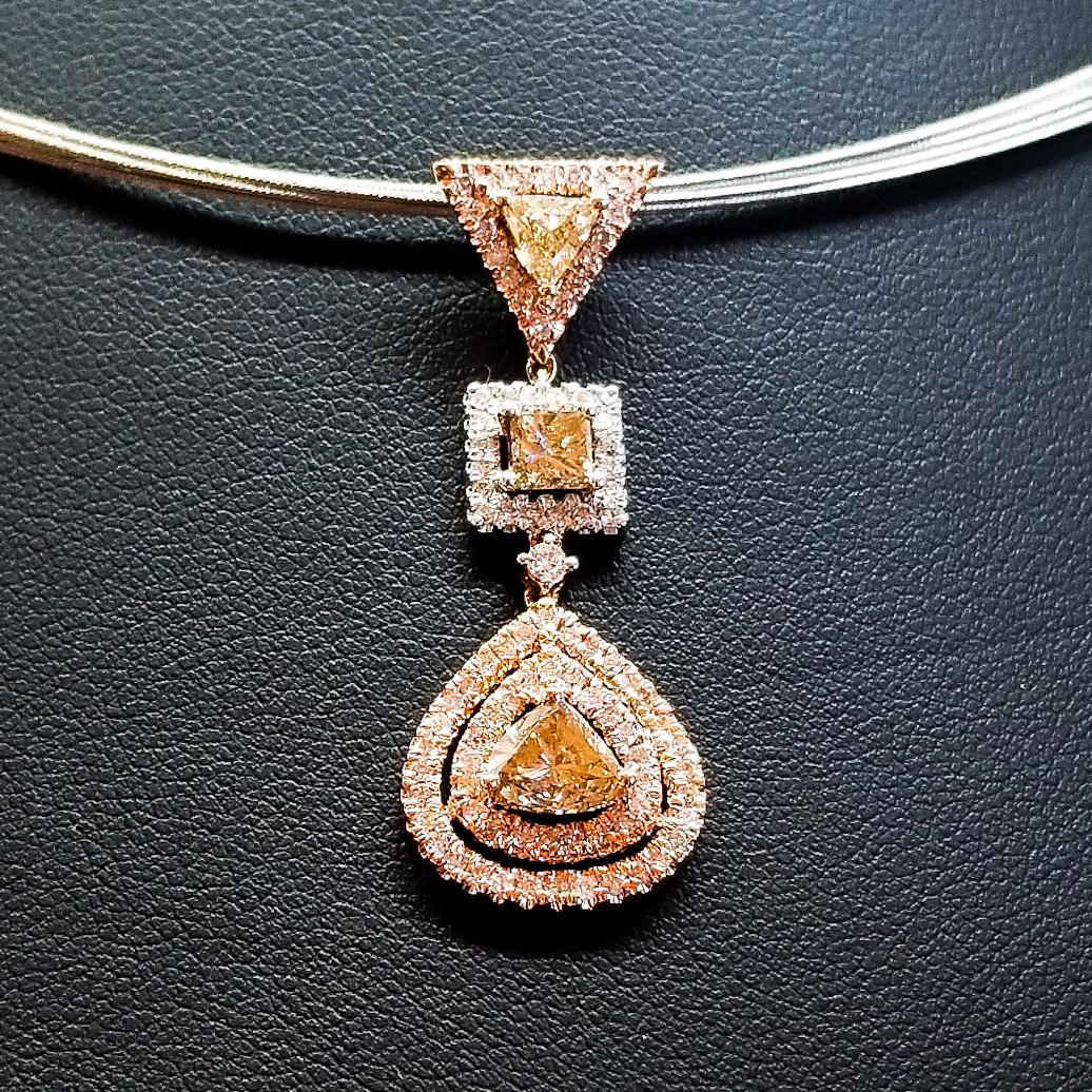 Natural Fancy Diamond 2.10 Carat Contemporary Drop Pendant Necklace 18K Rose For Sale 13