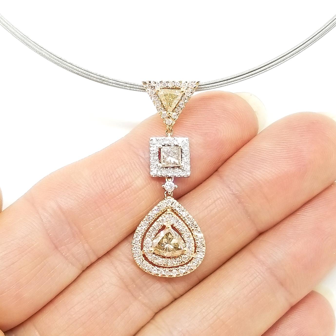 Natural Fancy Diamond 2.10 Carat Contemporary Drop Pendant Necklace 18K Rose In New Condition For Sale In Lambertville , NJ