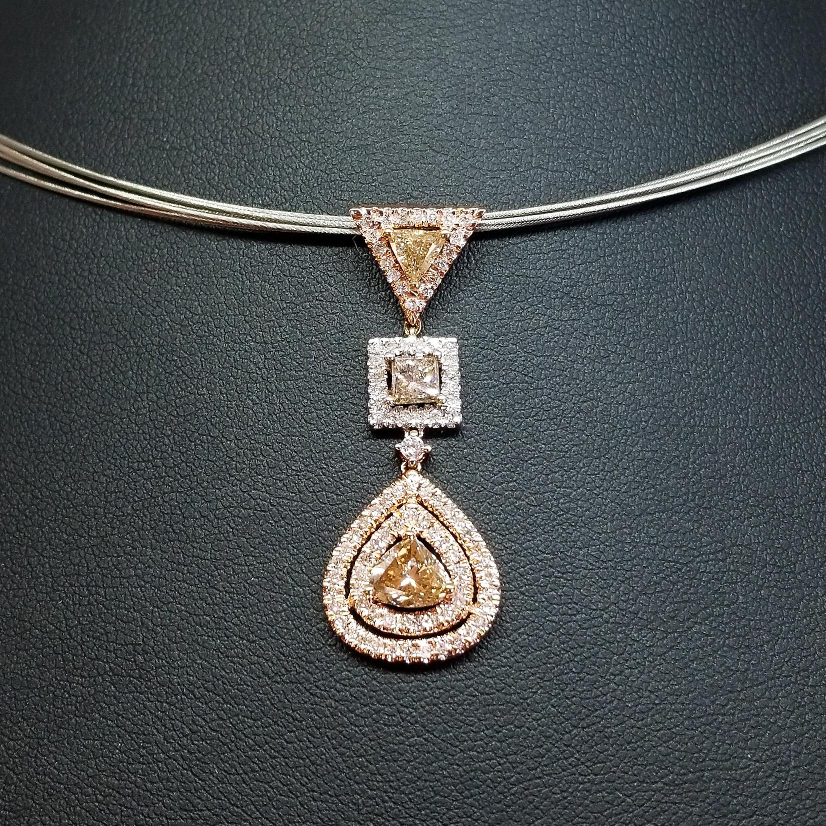 Women's or Men's Natural Fancy Diamond 2.10 Carat Contemporary Drop Pendant Necklace 18K Rose For Sale