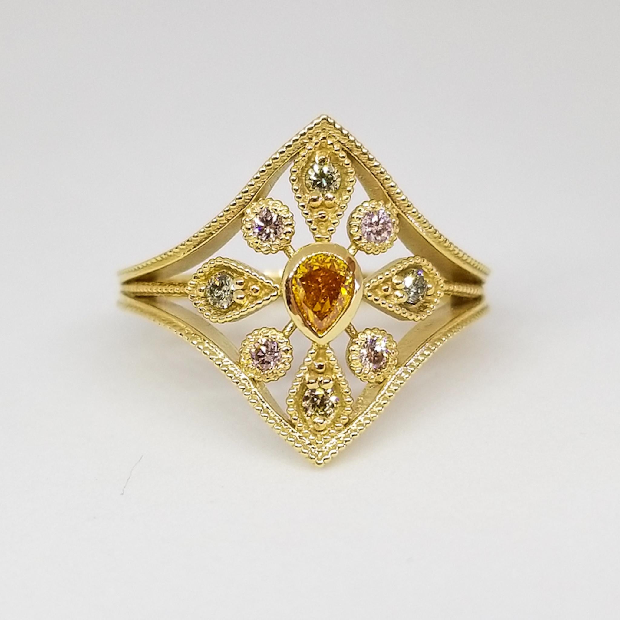 Art Deco Natural Fancy Diamond Ring Vivid Orange Pink Green Cluster Signet 18 Karat Gold For Sale