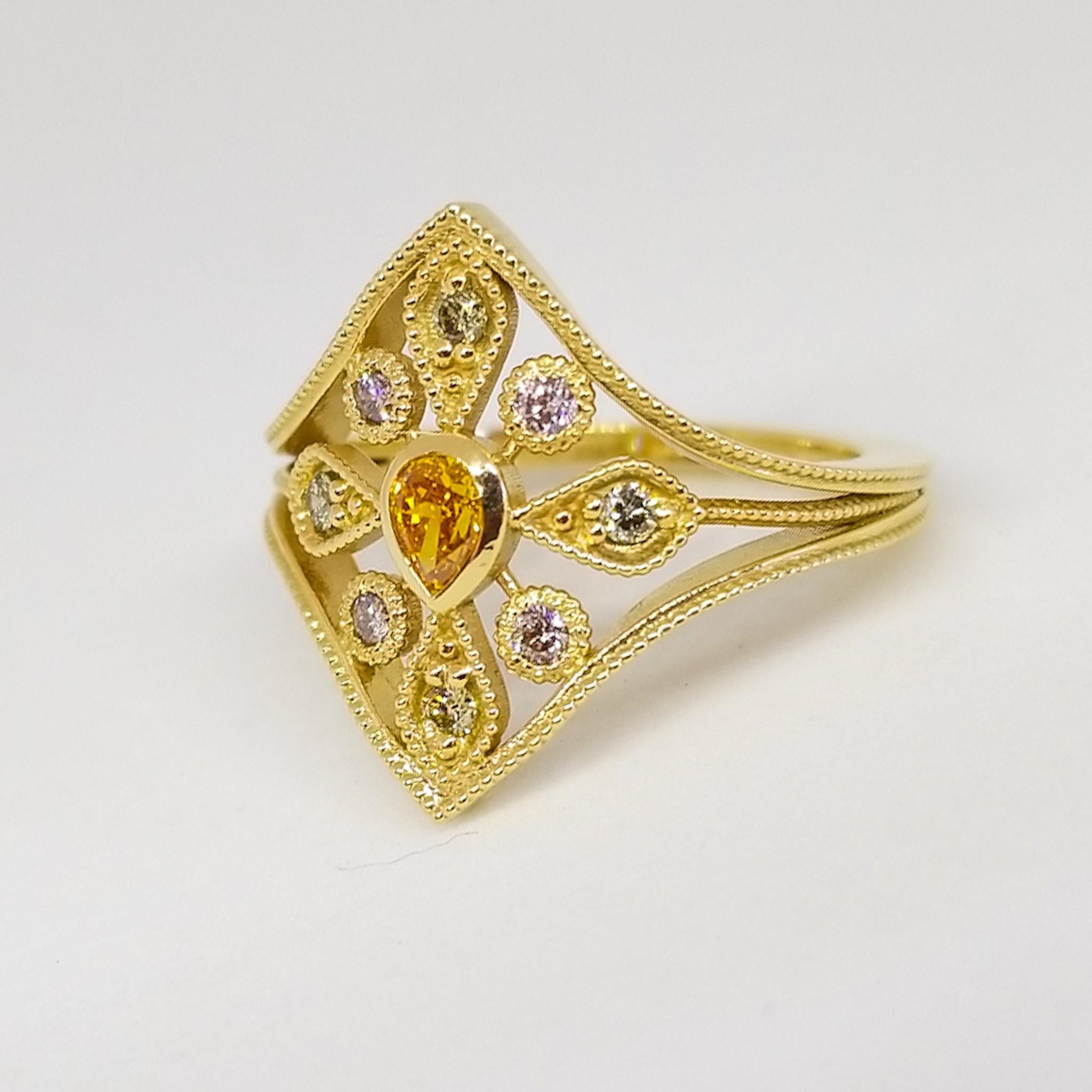 Mixed Cut Natural Fancy Diamond Ring Vivid Orange Pink Green Cluster Signet 18 Karat Gold For Sale