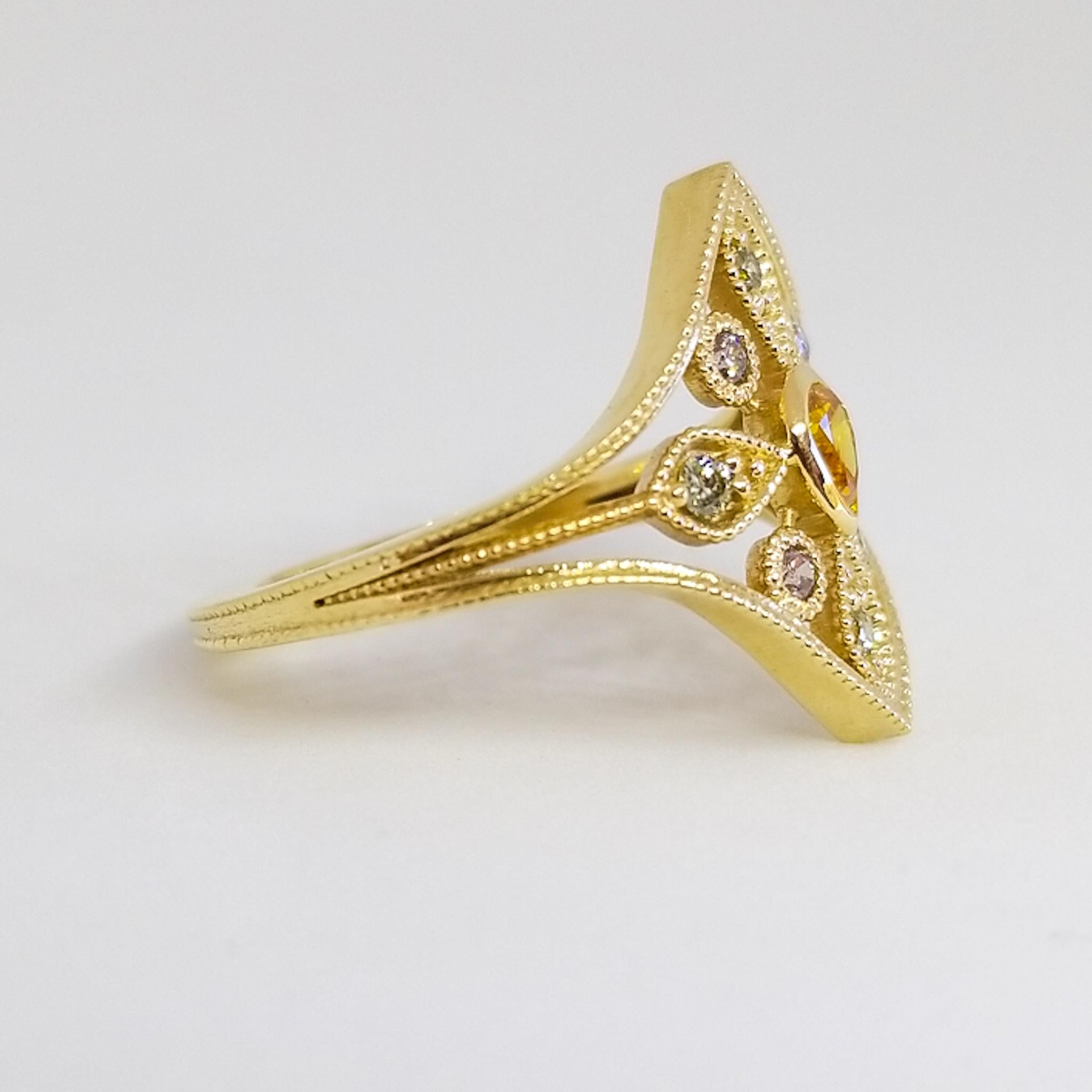 da uomo o donna Anello con diamante naturale fantasia Arancione Rosa Verde Greene & Greene Signet Oro 18 carati in vendita