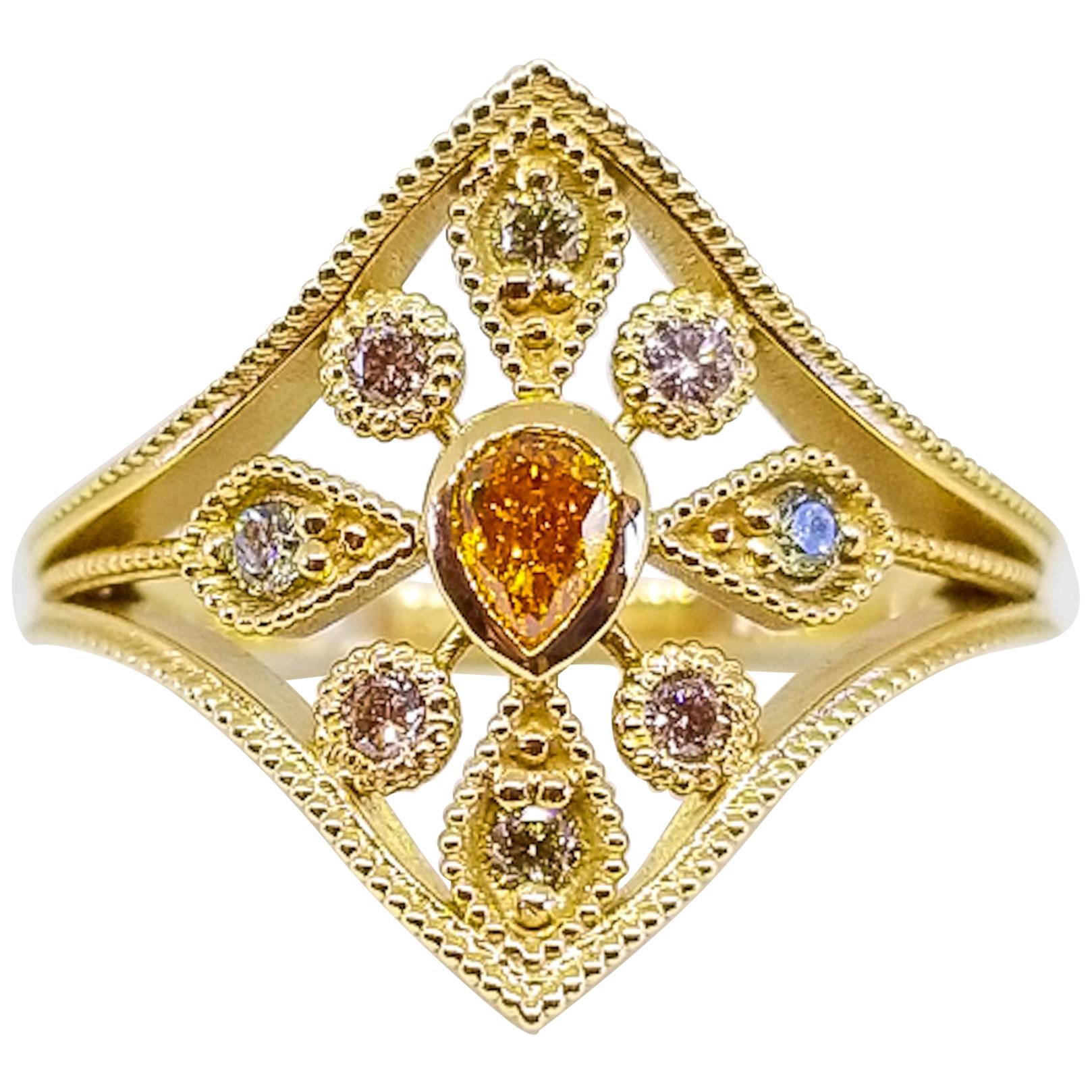 Natural Fancy Diamond Ring Vivid Orange Pink Green Cluster Signet 18 Karat Gold For Sale