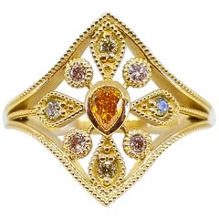 Natural Fancy Diamond Ring Vivid Orange Pink Green Cluster Signet 18 Karat Gold