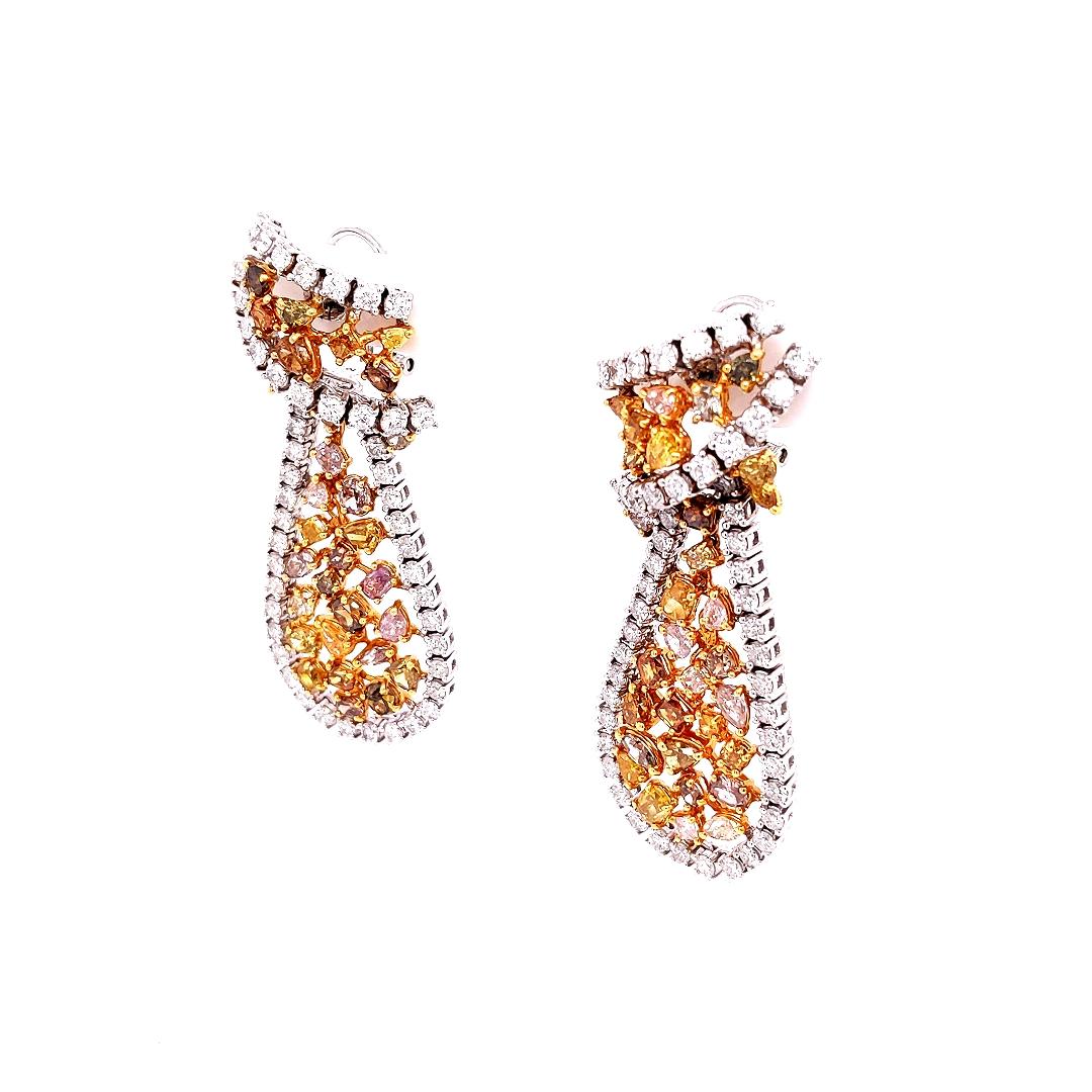 Contemporary 10.28 Carat Natural Fancy Multi-Color Mixed Cut Diamond Drop Earrings For Sale