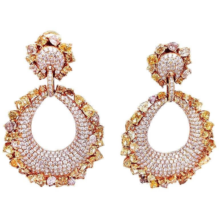 Natural Fancy Diamonds / Pave Teardrop Shape / Drop Earrings