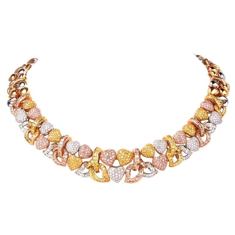Natural Fancy GIA Pink and Yellow Diamond Gold Heart Necklace