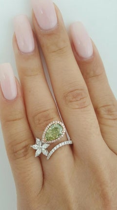 Natural Fancy Greenish Yellow Pear Diamond Ring 18K White & Rose Gold