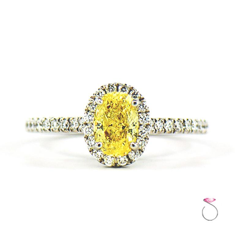 Natural Fancy Intense Yellow Diamond Ring, 1.01 ct. 14K White Gold 1.30 CTW. GIA For Sale 1