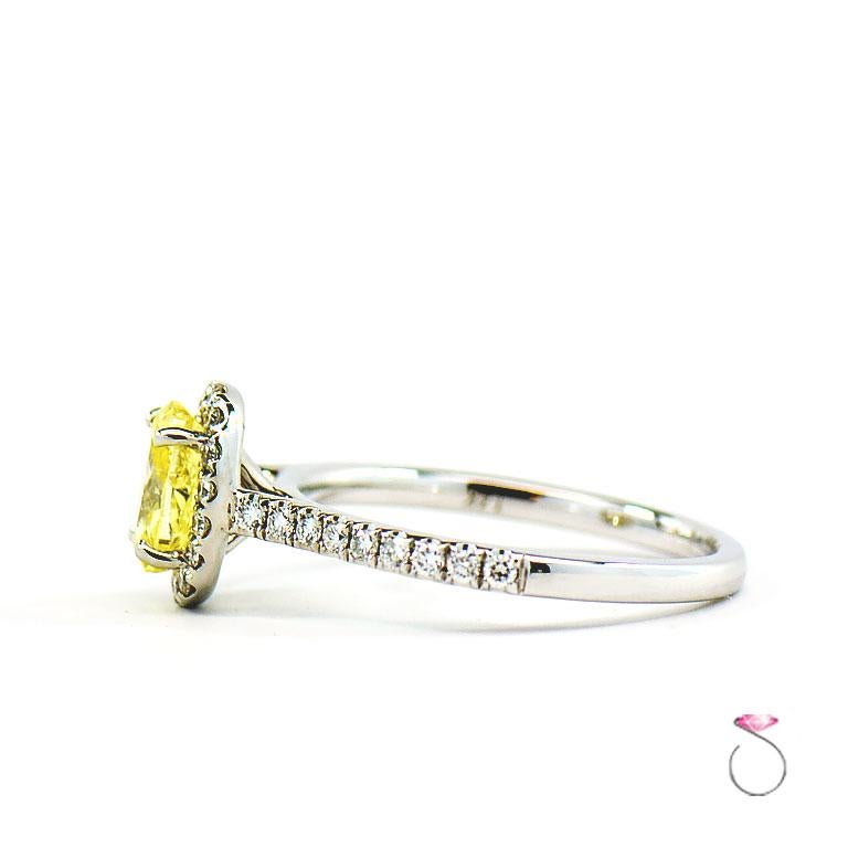 Oval Cut Natural Fancy Intense Yellow Diamond Ring, 1.01 ct. 14K White Gold 1.30 CTW. GIA For Sale