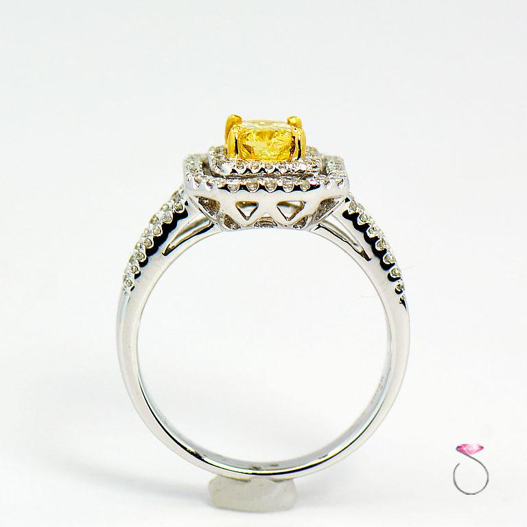 Cushion Cut Natural Fancy Intense Yellow Diamond Ring For Sale