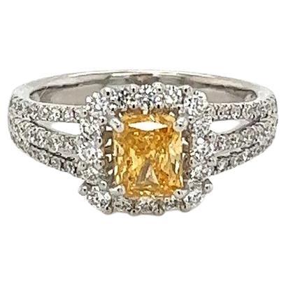 Natural Fancy Intense Yellow-Orange GIA Radiant Diamond Vintage Gold Ring  For Sale