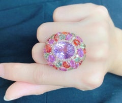 Natural Fancy Kunzite, Multi-sapphire & Diamond Ring in 18k Gold
