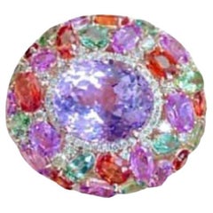 Natural Fancy Kunzite, Multi-sapphire & Diamond Ring in 18k Gold