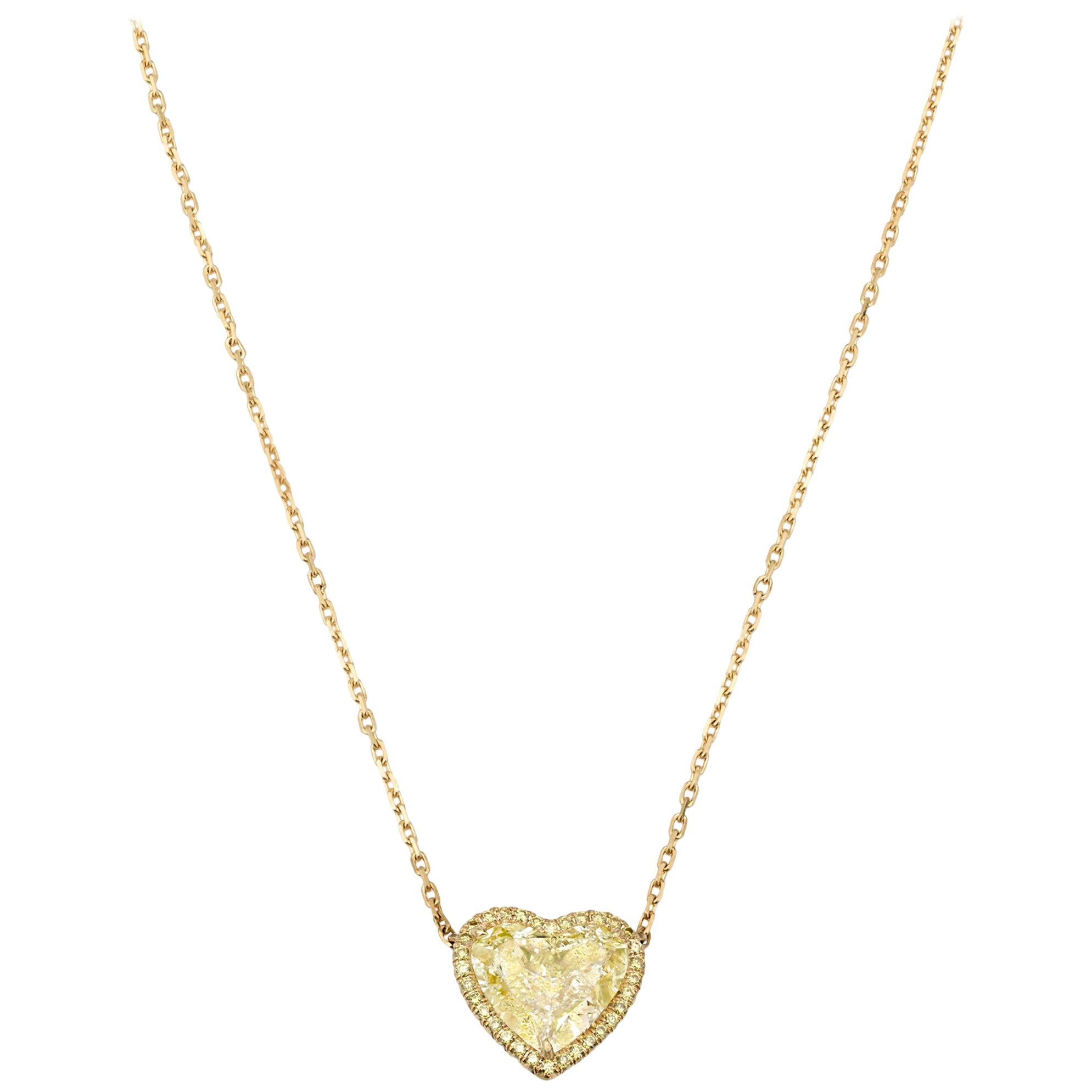 Natural Fancy Light Yellow Diamond Heart Necklace, 2.61 Carat