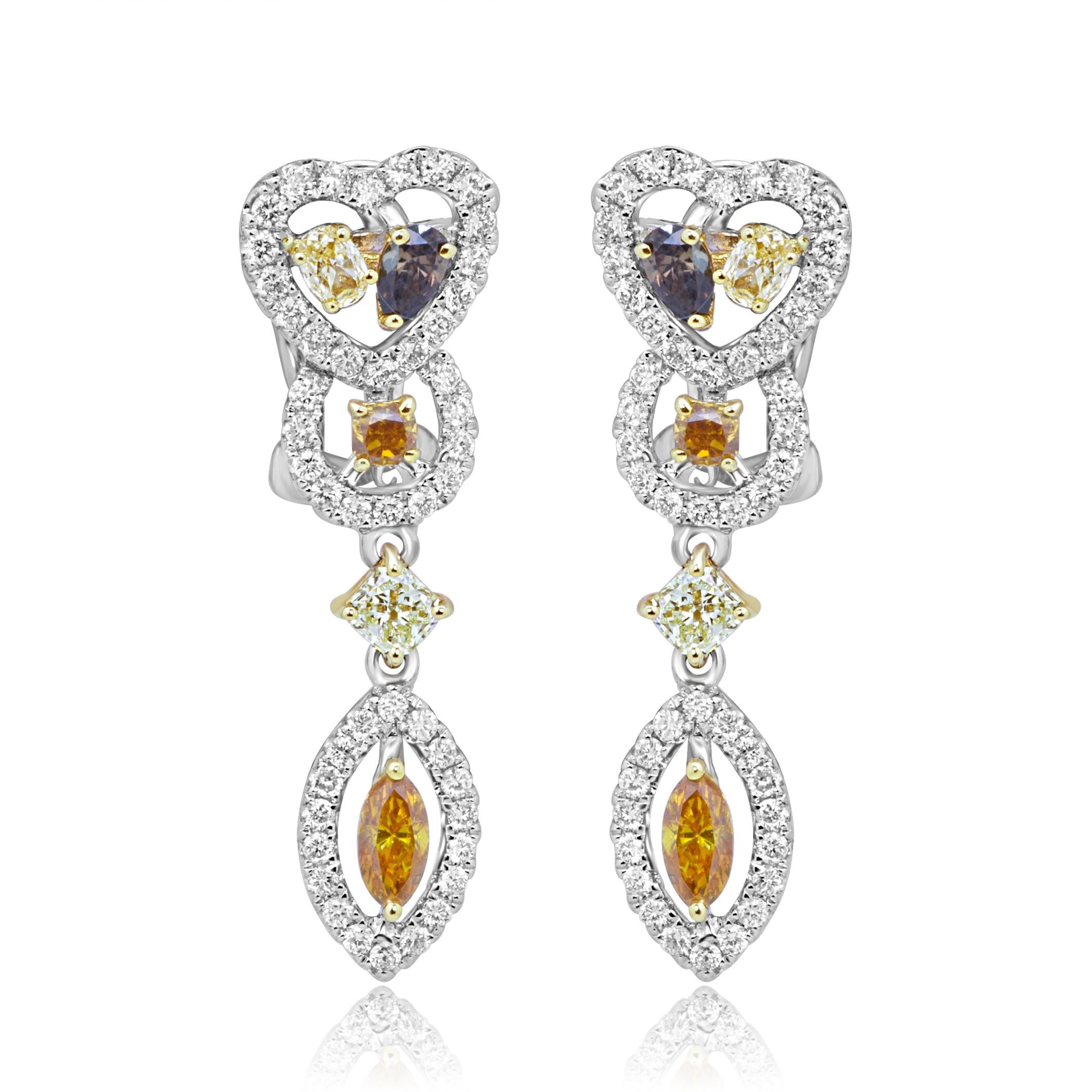 Marquise Cut Natural Fancy Multi-Color Diamond Halo Two-Color Gold Drop Dangle Earring