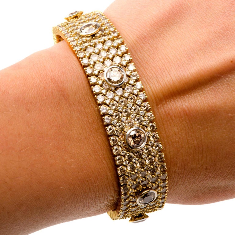 Natural Fancy Natural Brown Yellow Diamond Wide Gold Bracelet For Sale