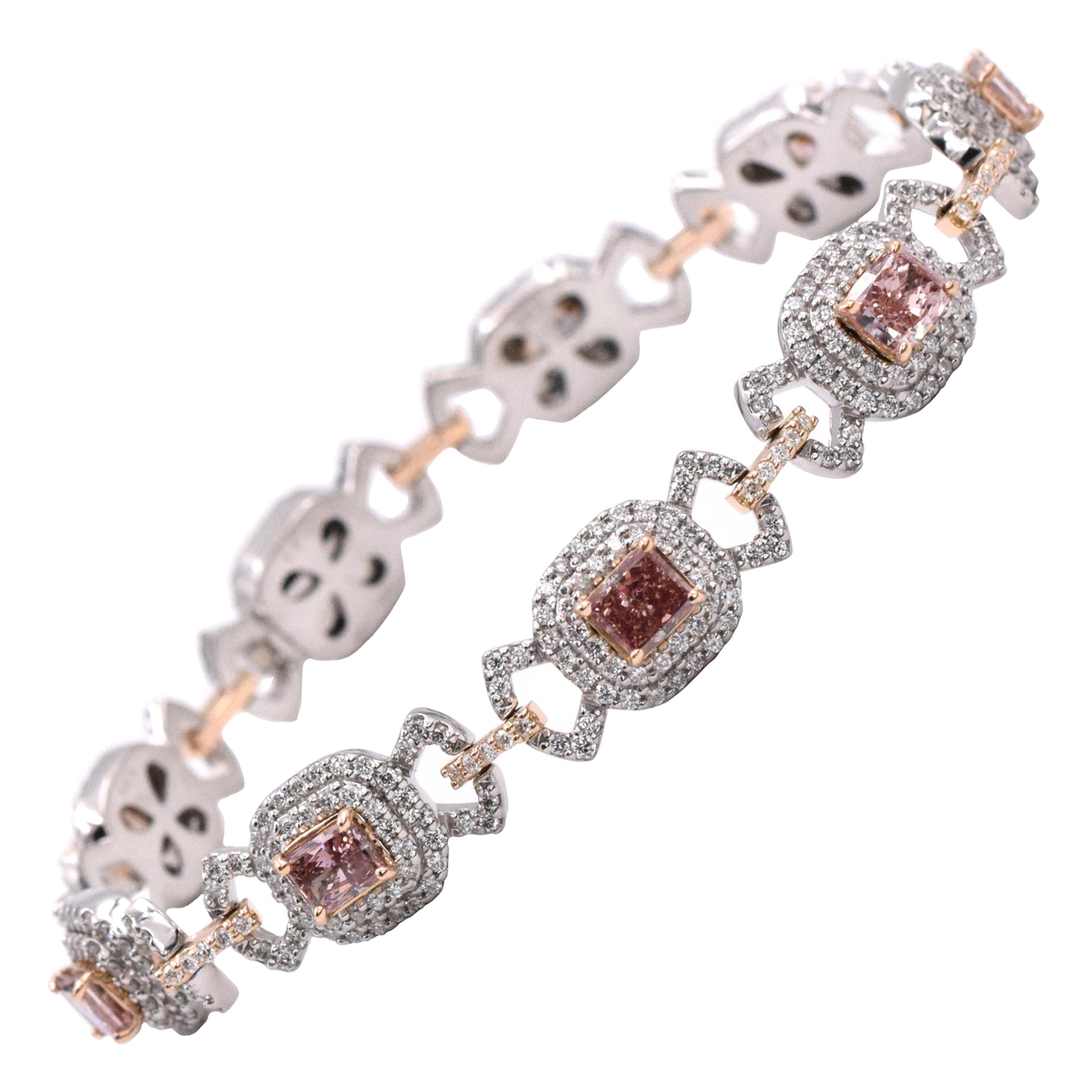 Bracelet en diamants naturels de couleur rose fantaisie certifiés GIA