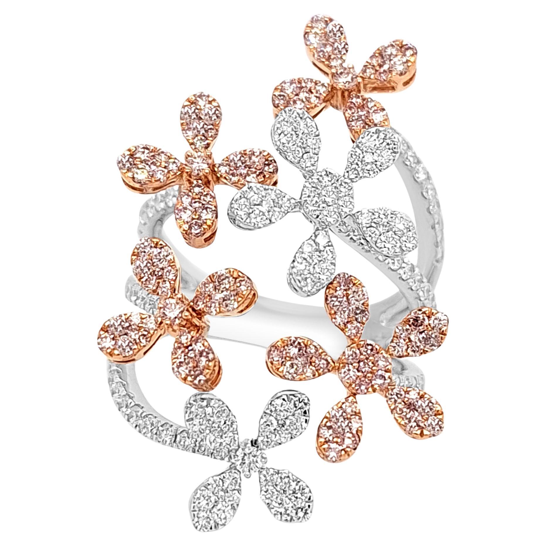 Natural Fancy Pink Diamond and White Diamond Floral Cocktail Ring in 18K Gold
