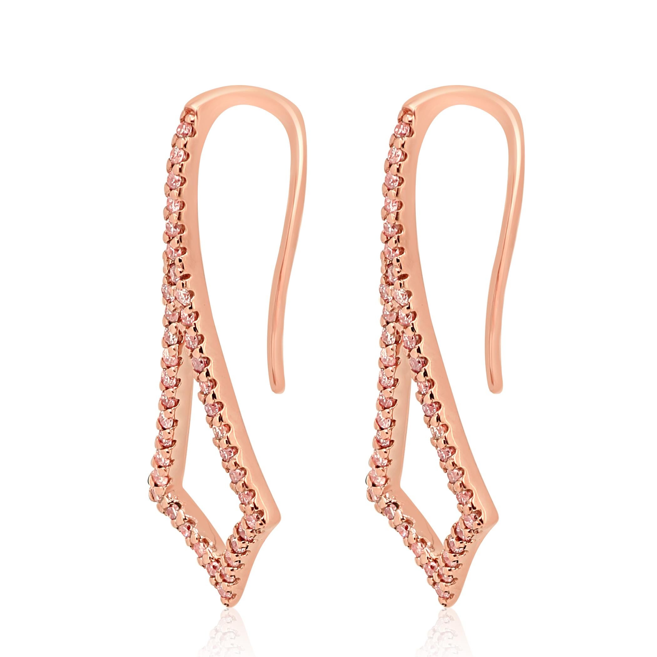 Contemporary Natural Fancy Pink Diamond Round Dangle Drop Fashion Rose Gold Earring