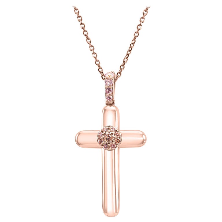 Natural Fancy Pink Diamond Round Drop Cross Pendant 14K Rose Gold Chain