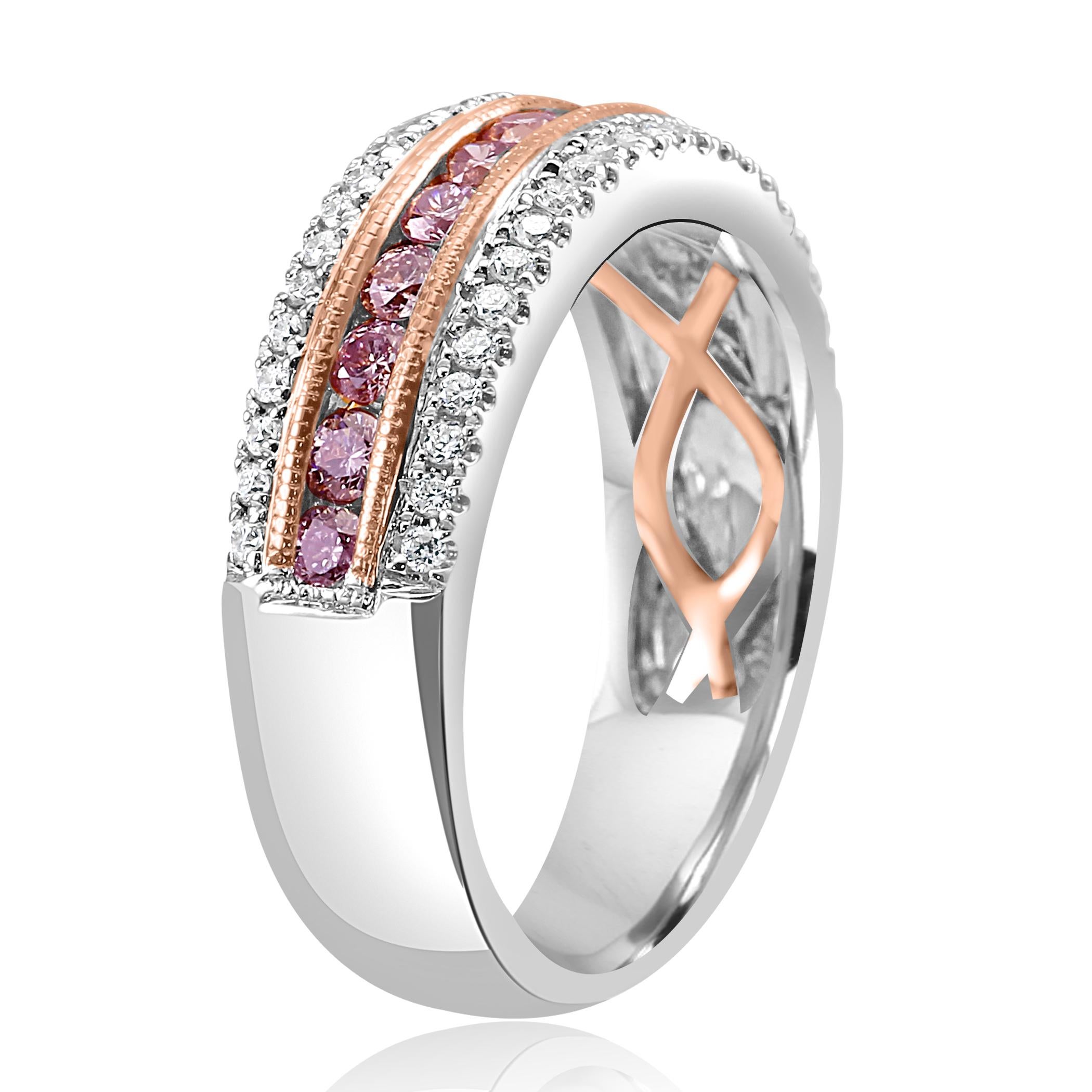 Round Cut Natural Fancy Pink Diamond Three-Row Two-Color Gold Cocktail Band Ring