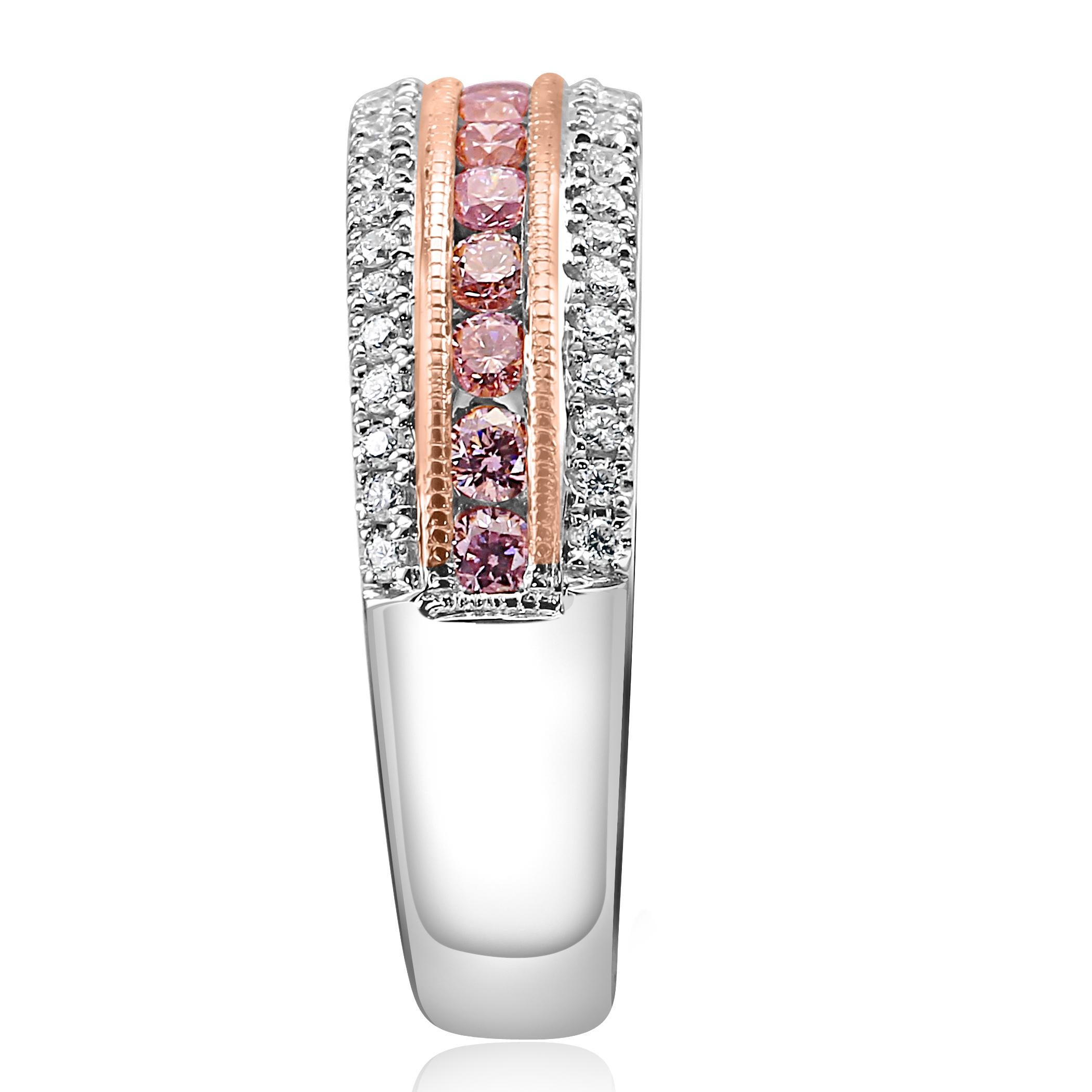 Women's or Men's Natural Fancy Pink Diamond Three-Row Two-Color Gold Cocktail Band Ring