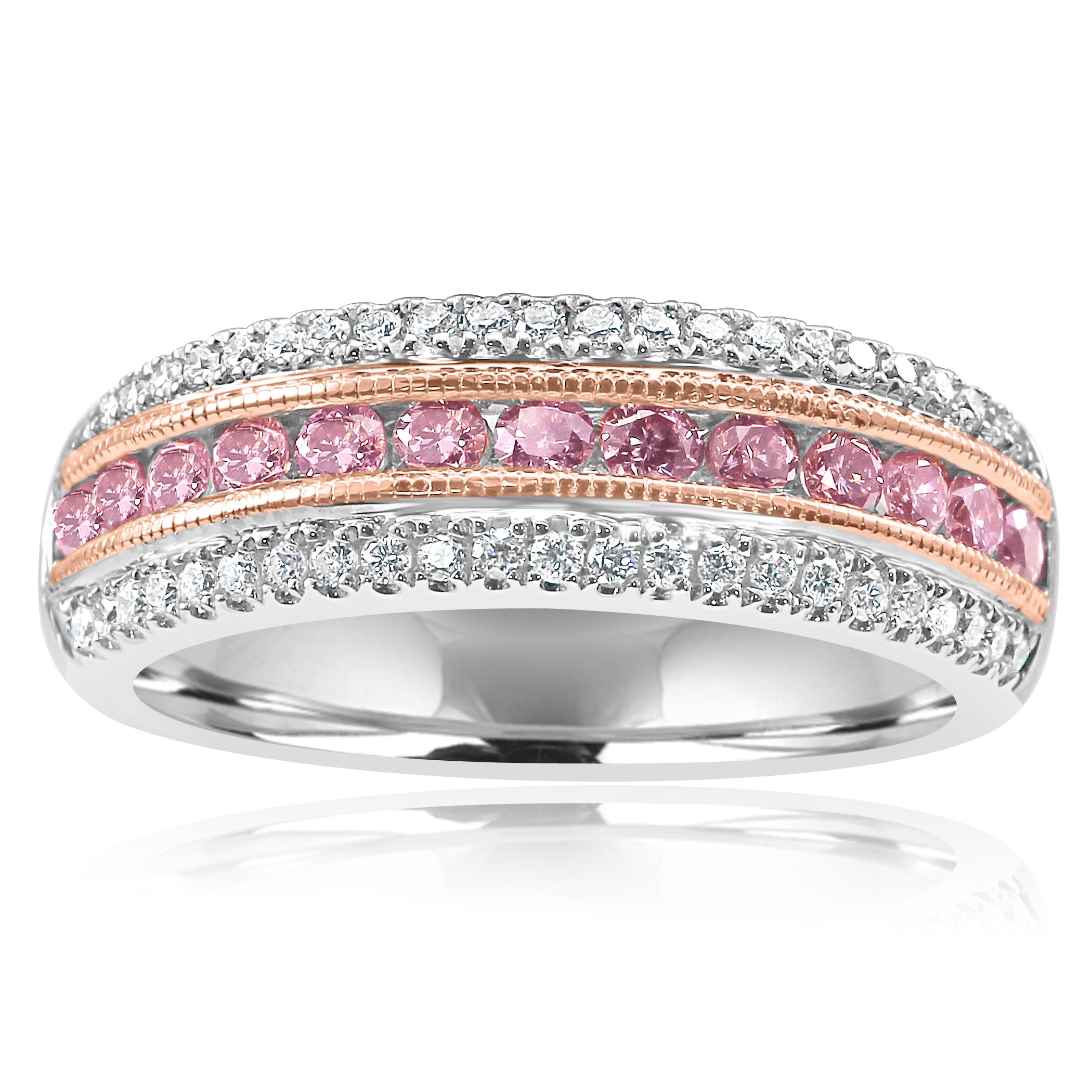 Natural Fancy Pink Diamond Three-Row Two-Color Gold Cocktail Band Ring 1