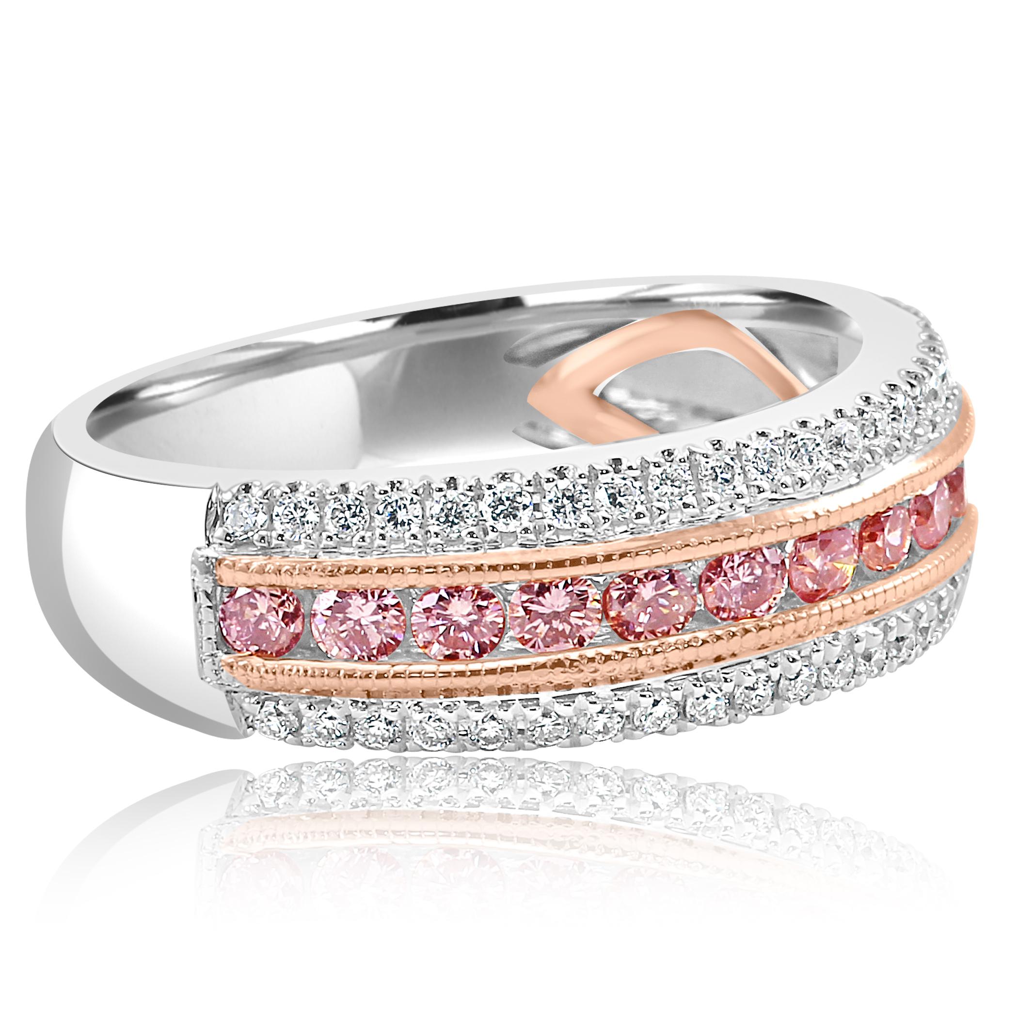 Natural Fancy Pink Diamond Three-Row Two-Color Gold Cocktail Band Ring 3