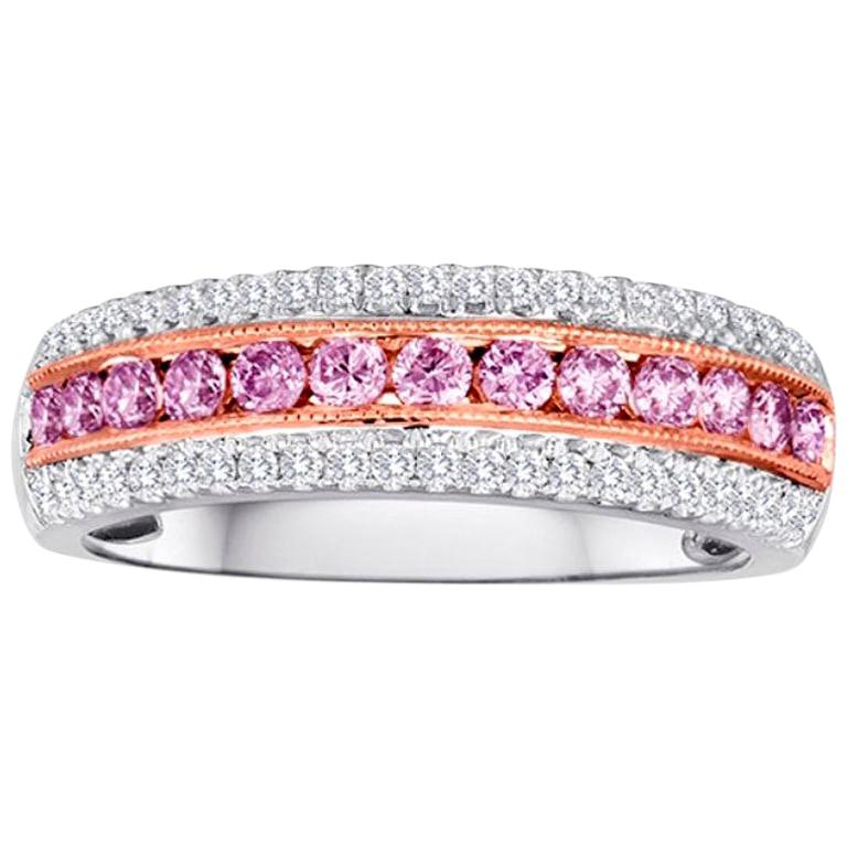 Natural Fancy Pink Diamond Three-Row Two-Color Gold Cocktail Band Ring