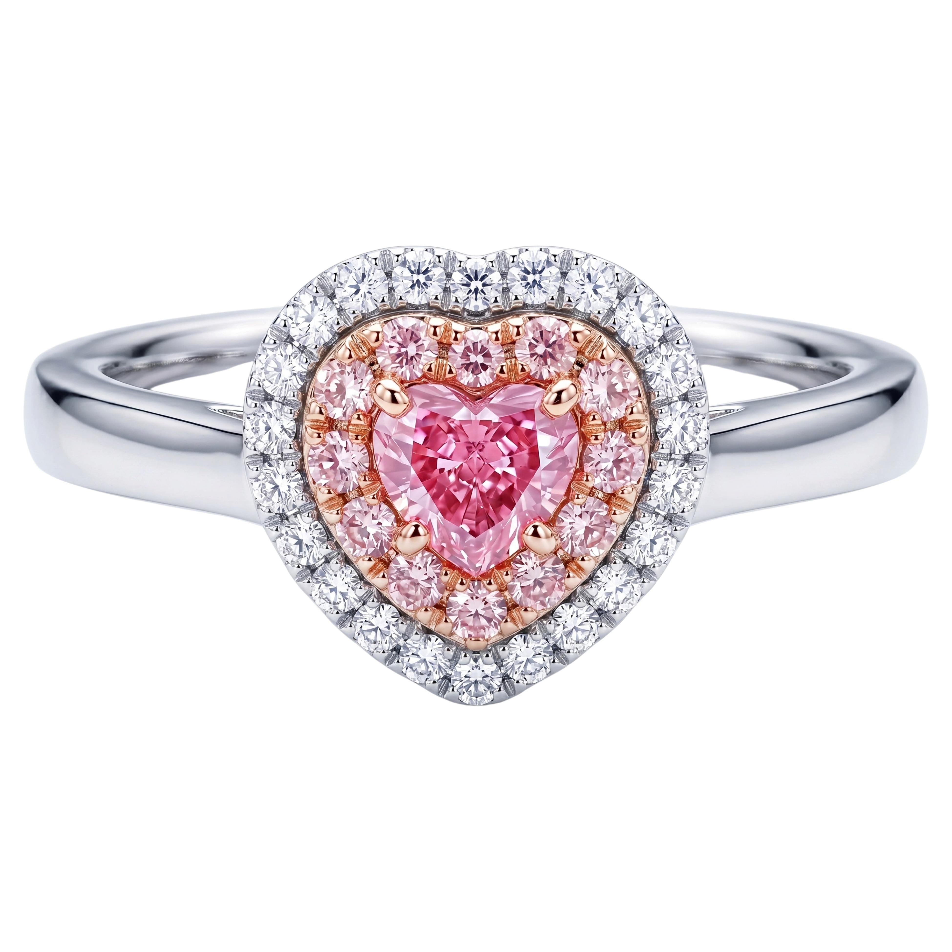 Natural Fancy Pink Heart-Shaped Diamond Double Halo Ring in 18K White Gold For Sale