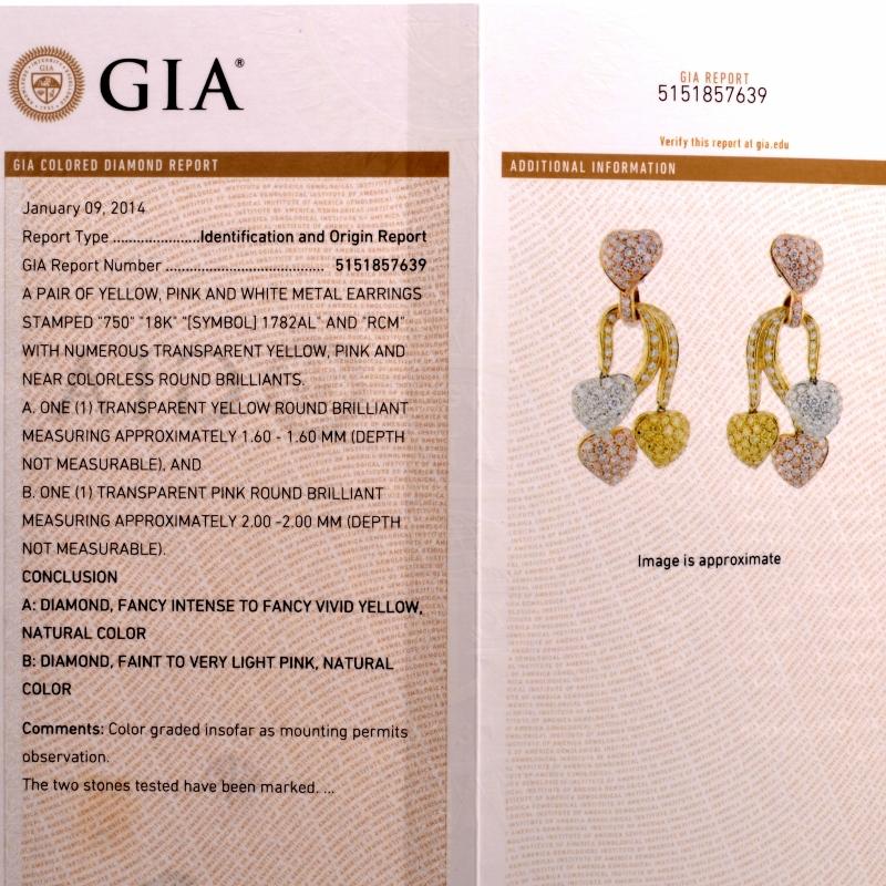 Round Cut Natural Fancy Pink Yellow & White Diamonds GIA Certified 18-K Gold Earrings