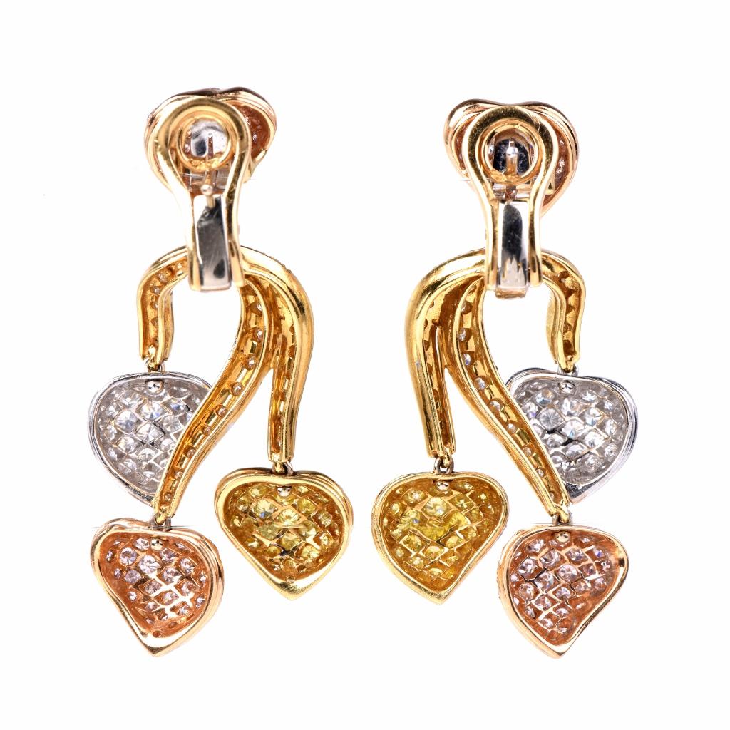 Natürliche natürliche Fancy-Ohrringe aus 18 Karat Gold mit rosa, gelben und weißen Diamanten GIA zertifiziert 2