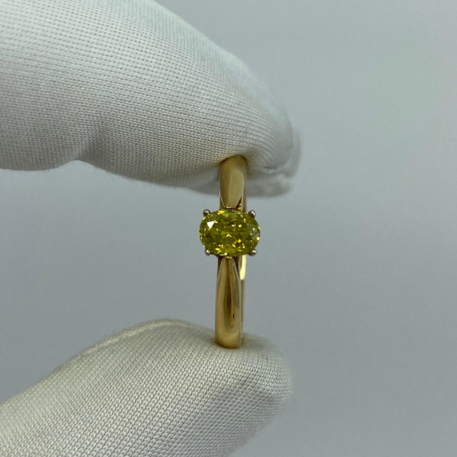 Oval Cut Natural Fancy Vivid Yellow Green Diamond 0.51 Carat Solitaire 18 Karat Gold Ring