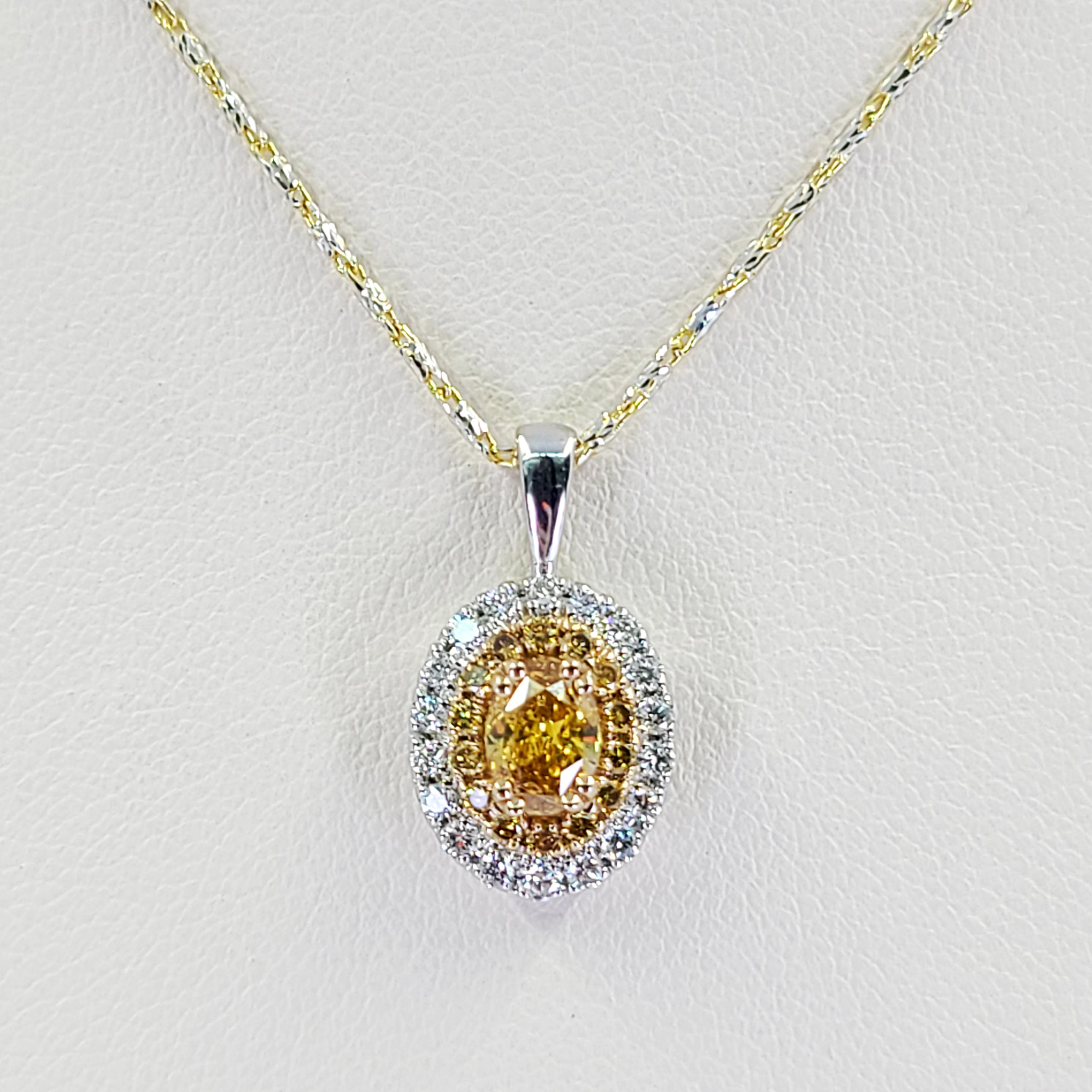 Oval Cut GIA Certified Natural Fancy Vivid Yellowish Orange Diamond Halo Pendant Necklace For Sale