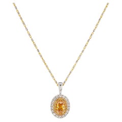 GIA Certified Natural Fancy Vivid Yellowish Orange Diamond Halo Pendant Necklace