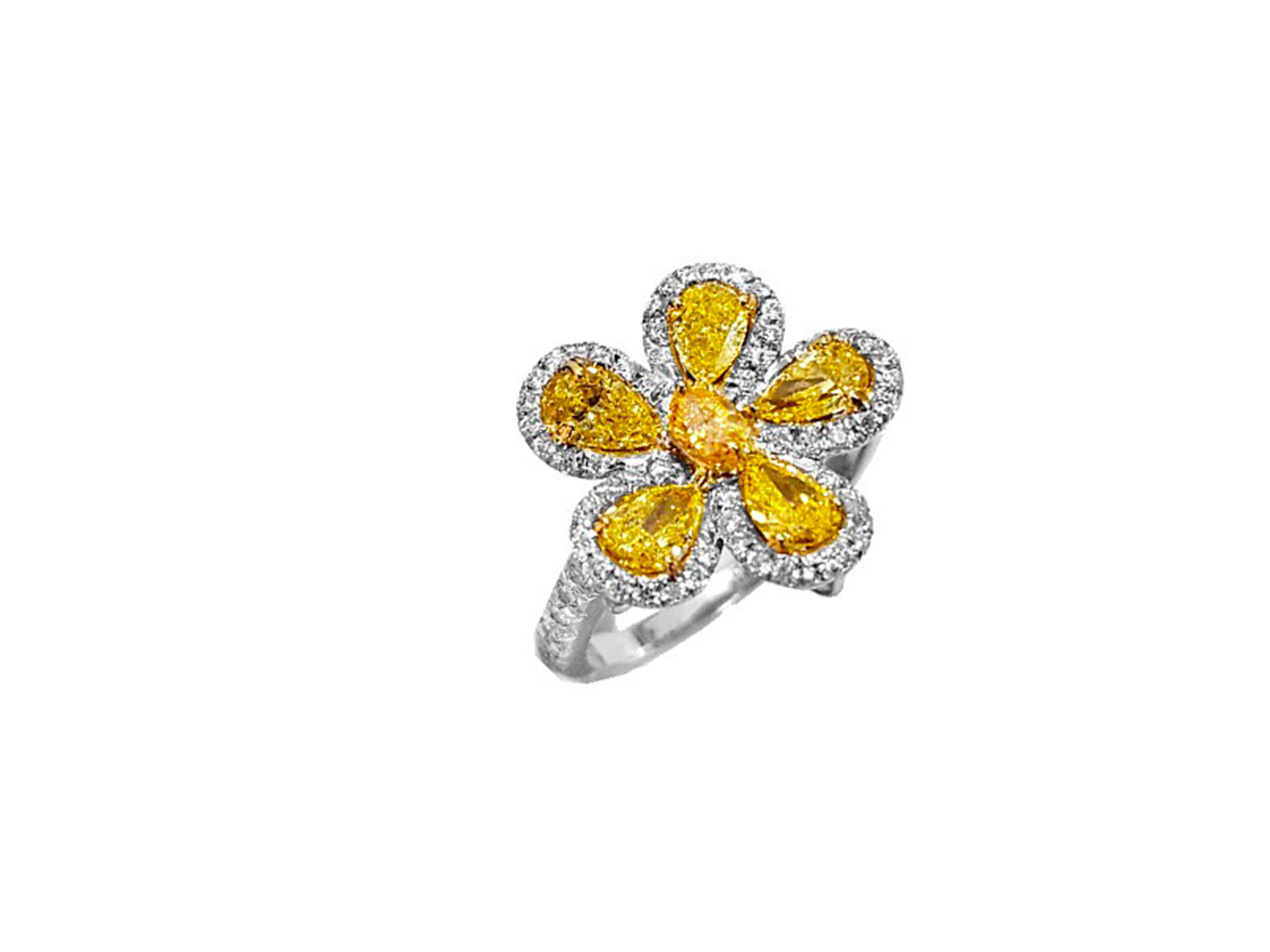 Art nouveau Bague cocktail en or 18k avec fleur et motif en diamant de couleur naturelle jaune et orange en vente