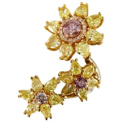 Natural Fancy Yellow and Pink 6 Carat Diamonds 18 Karat Gold Wild Flowers Ring